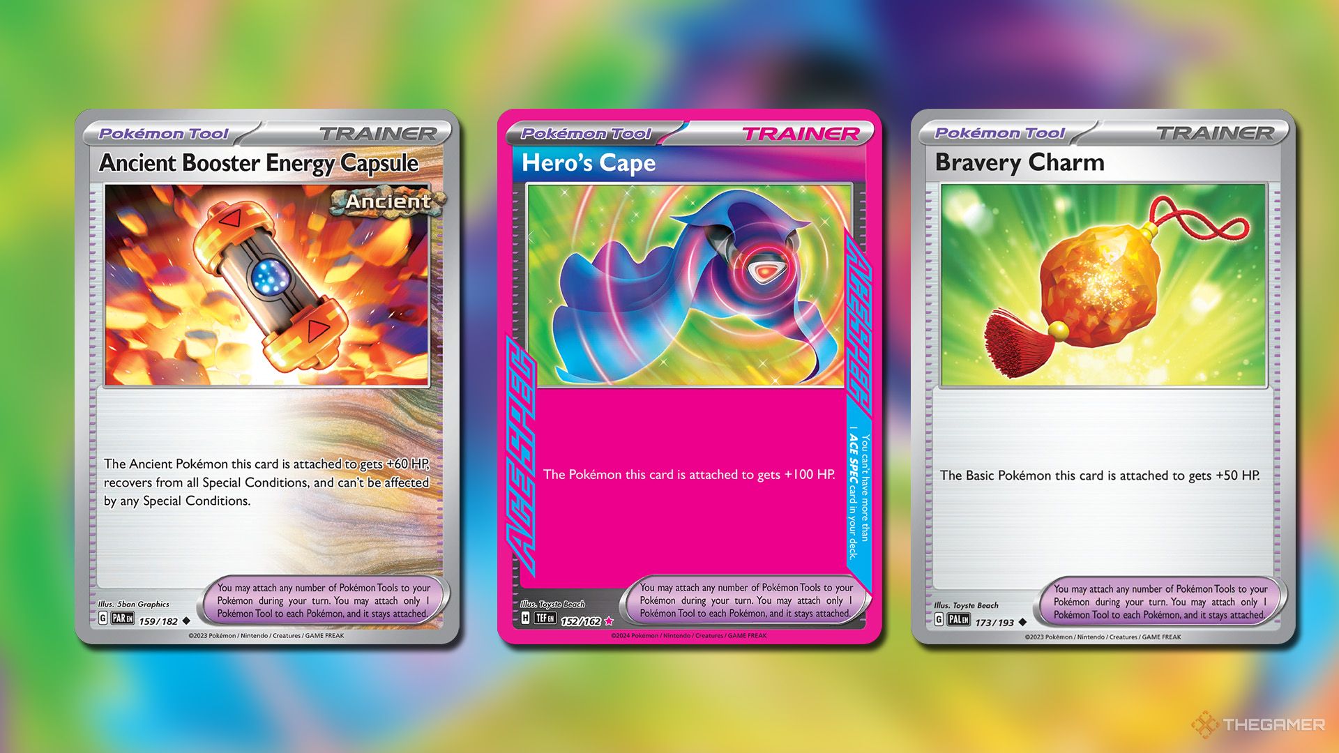 Ancient Booster Energy Capsule, Hero's Cape and Bravery Charm cards in Pokemon TCG.