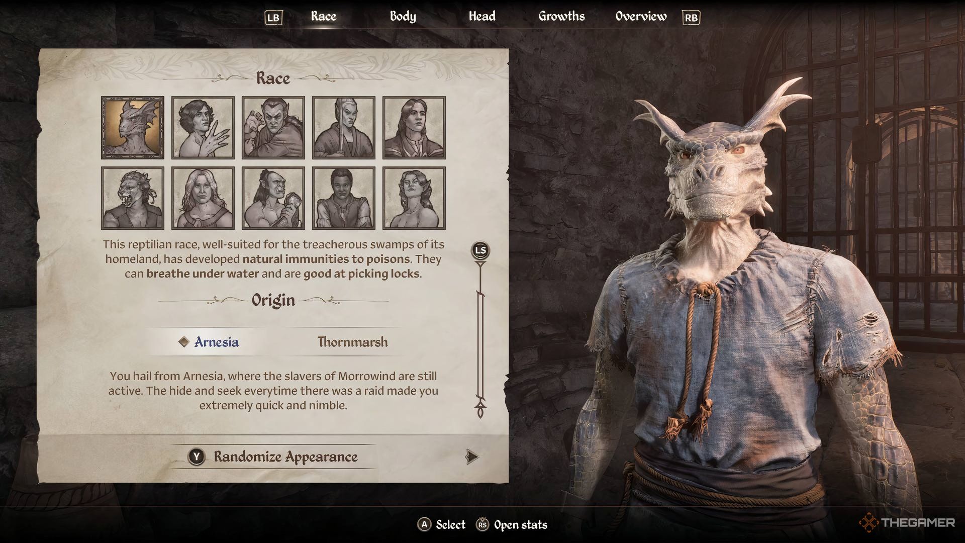 An image of the Argonian option at the character creation screen in the Elder Scrolls IV: Oblivion Remastered.