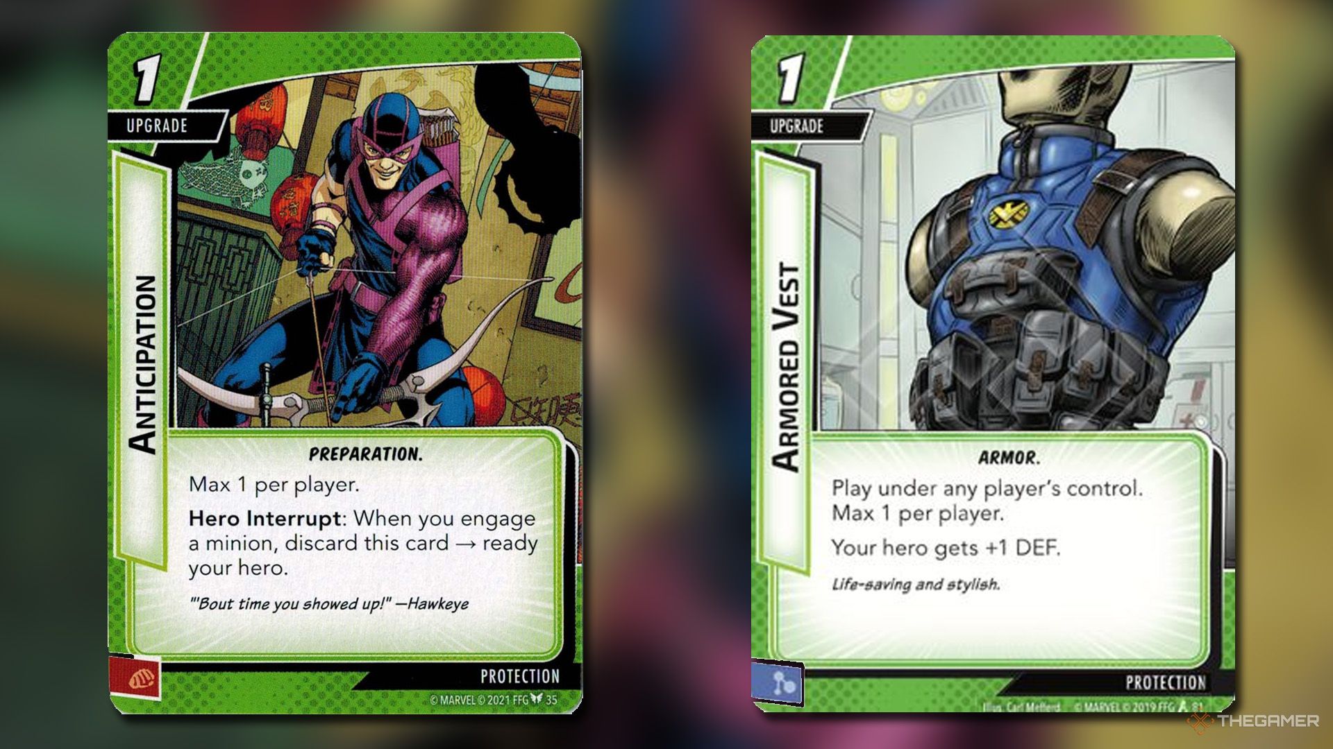 Armored Vest and Anticipation cards from Marvel Champions.