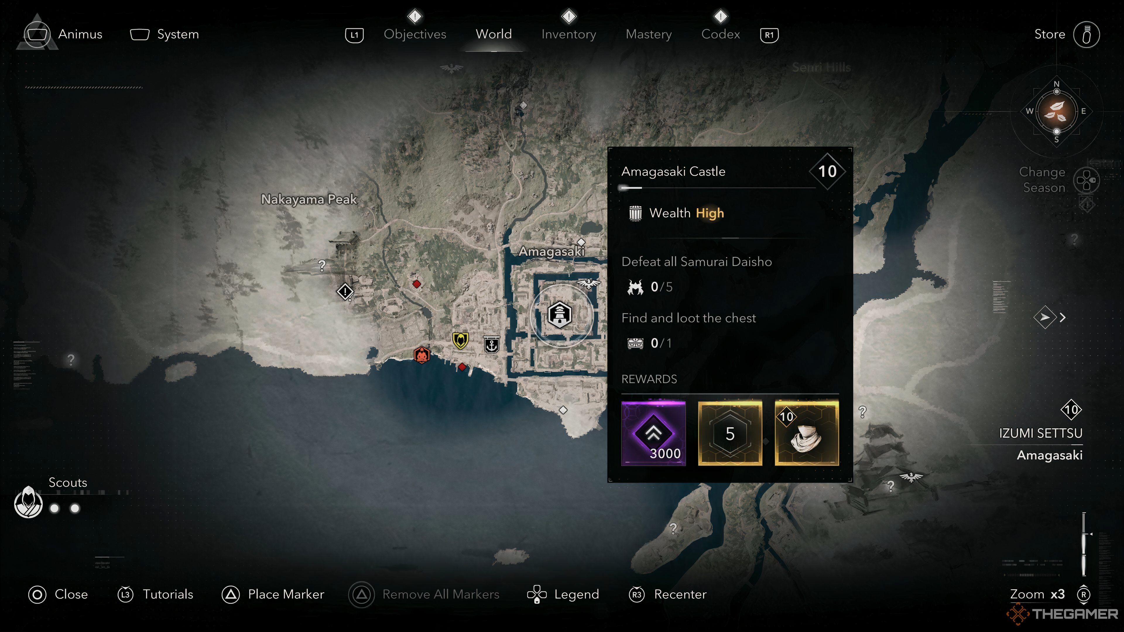 Amagasaki Castle shown on the World Map with the rewards for completing it in Assassin's Creed Shadows.