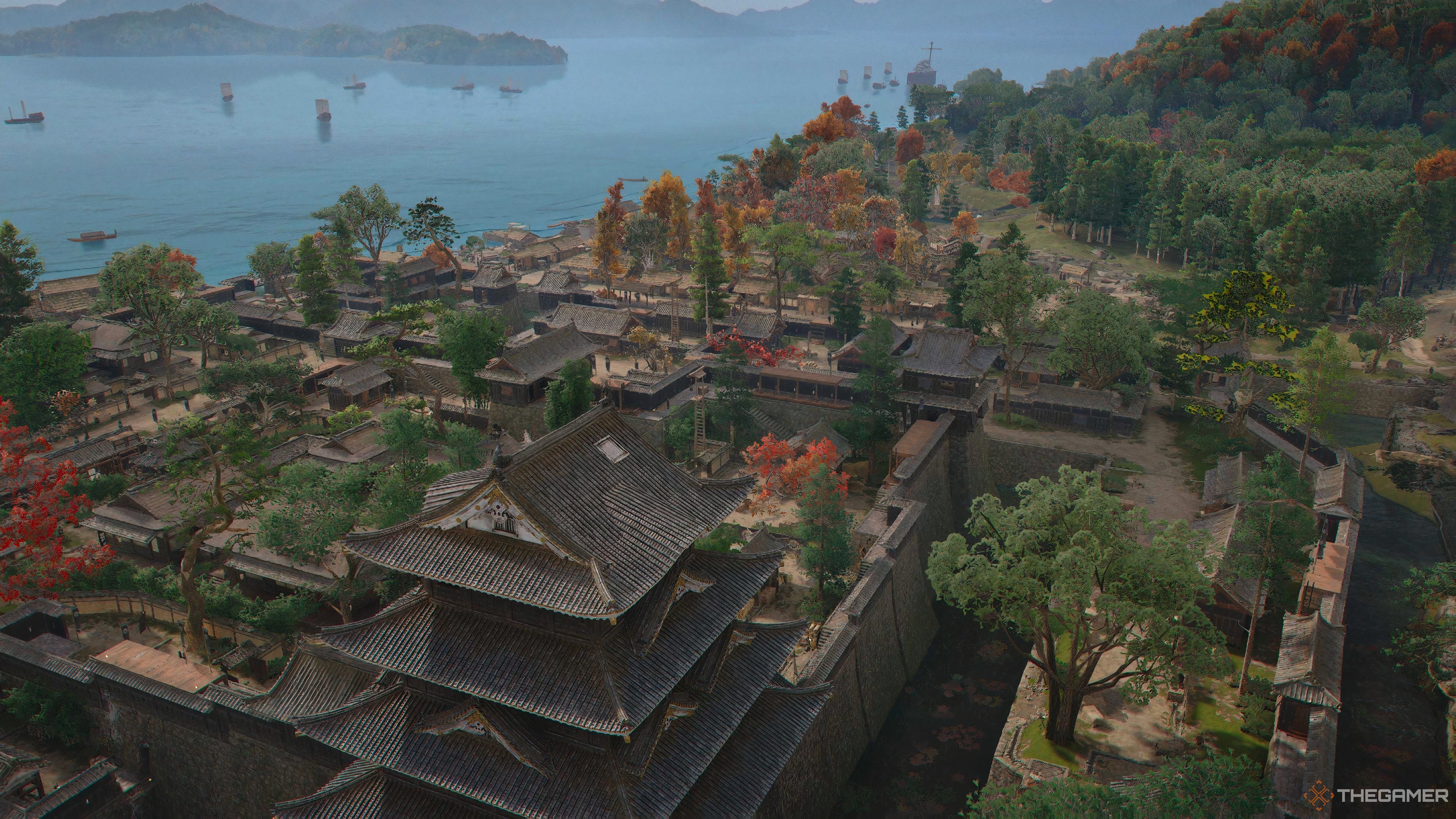 The landscape shown when looking at the Viewpoint at the Amagasaki Castle in Assassin's Creed Shadows.