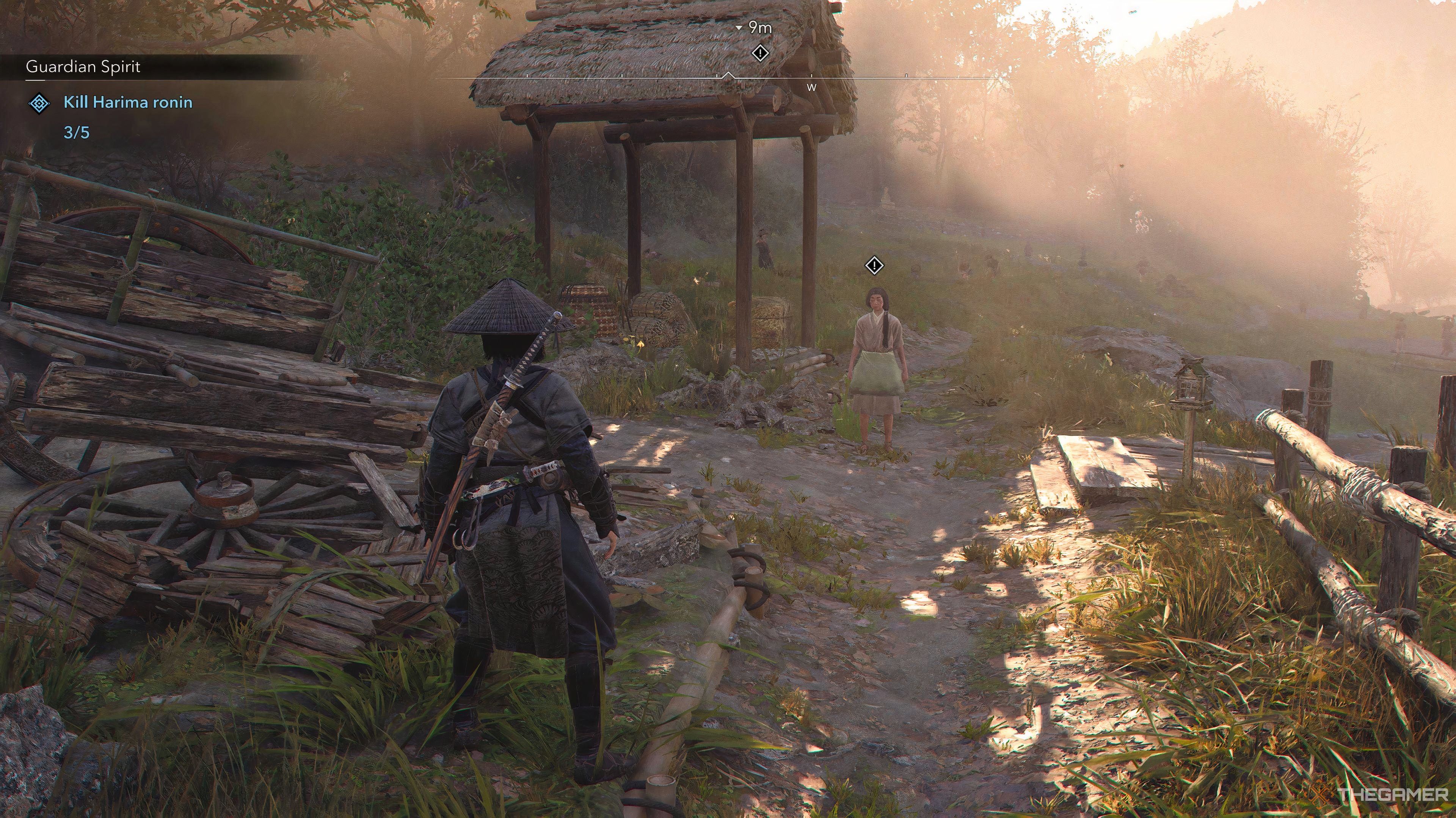 Naoe looking at an elderly lady who gives the side quest Elder Empathy in Assassin's Creed Shadows.