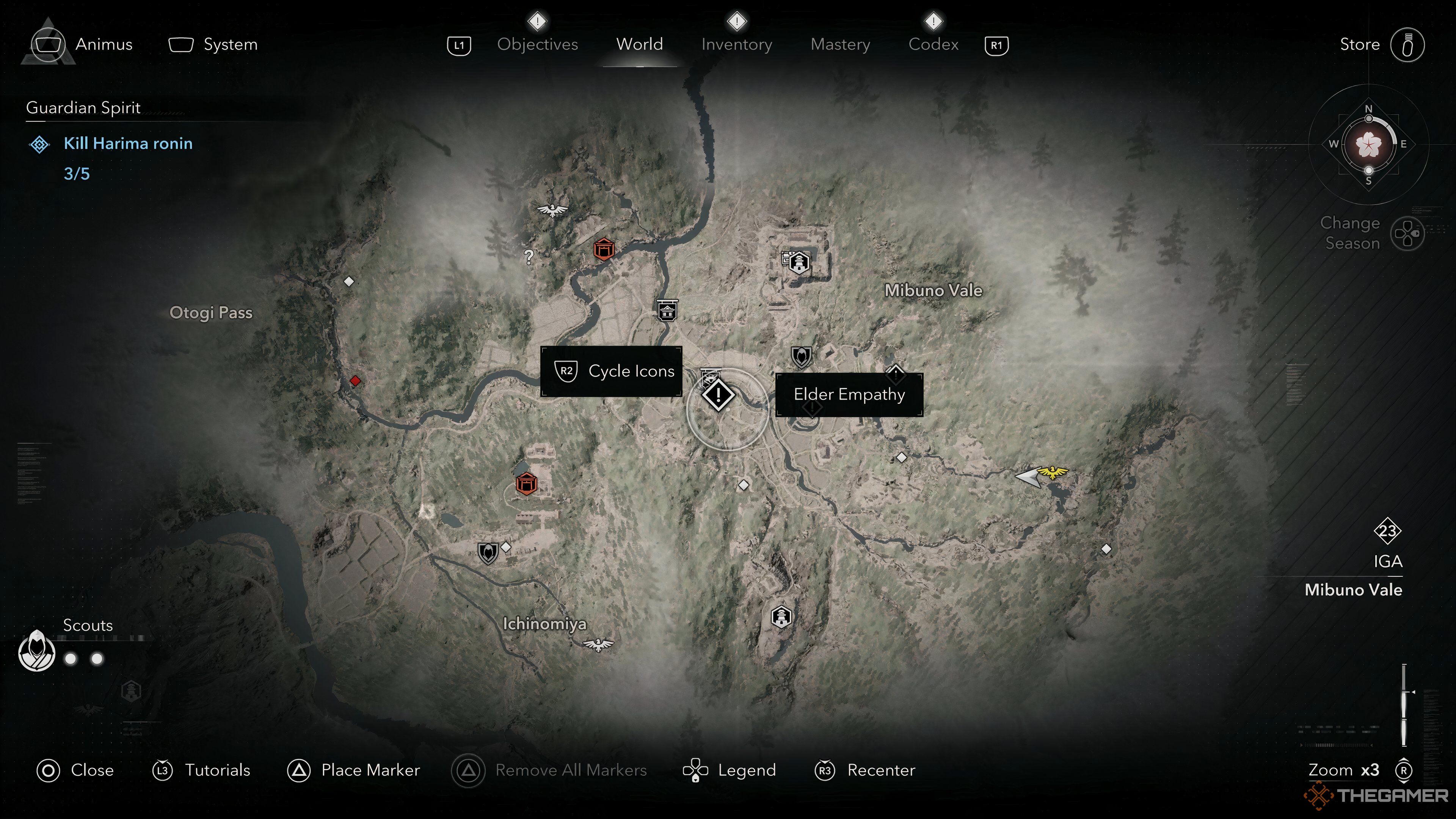 Screenshot of the map showing the location of the Elder Empathy side quest in Assassin's Creed Shadows.
