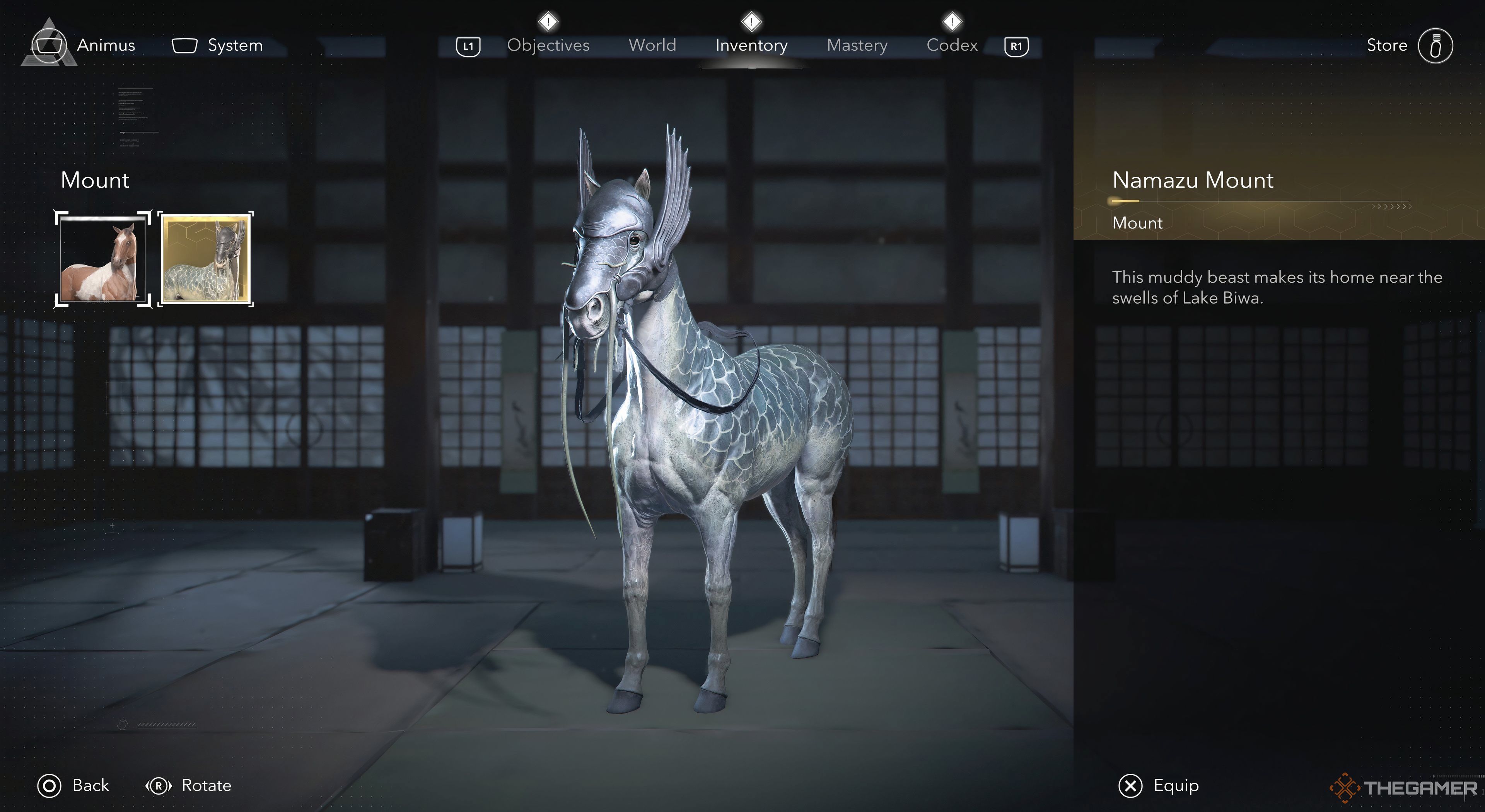 The mount selection menu with Namazu Mount highlighted in Assassin's Creed Shadows