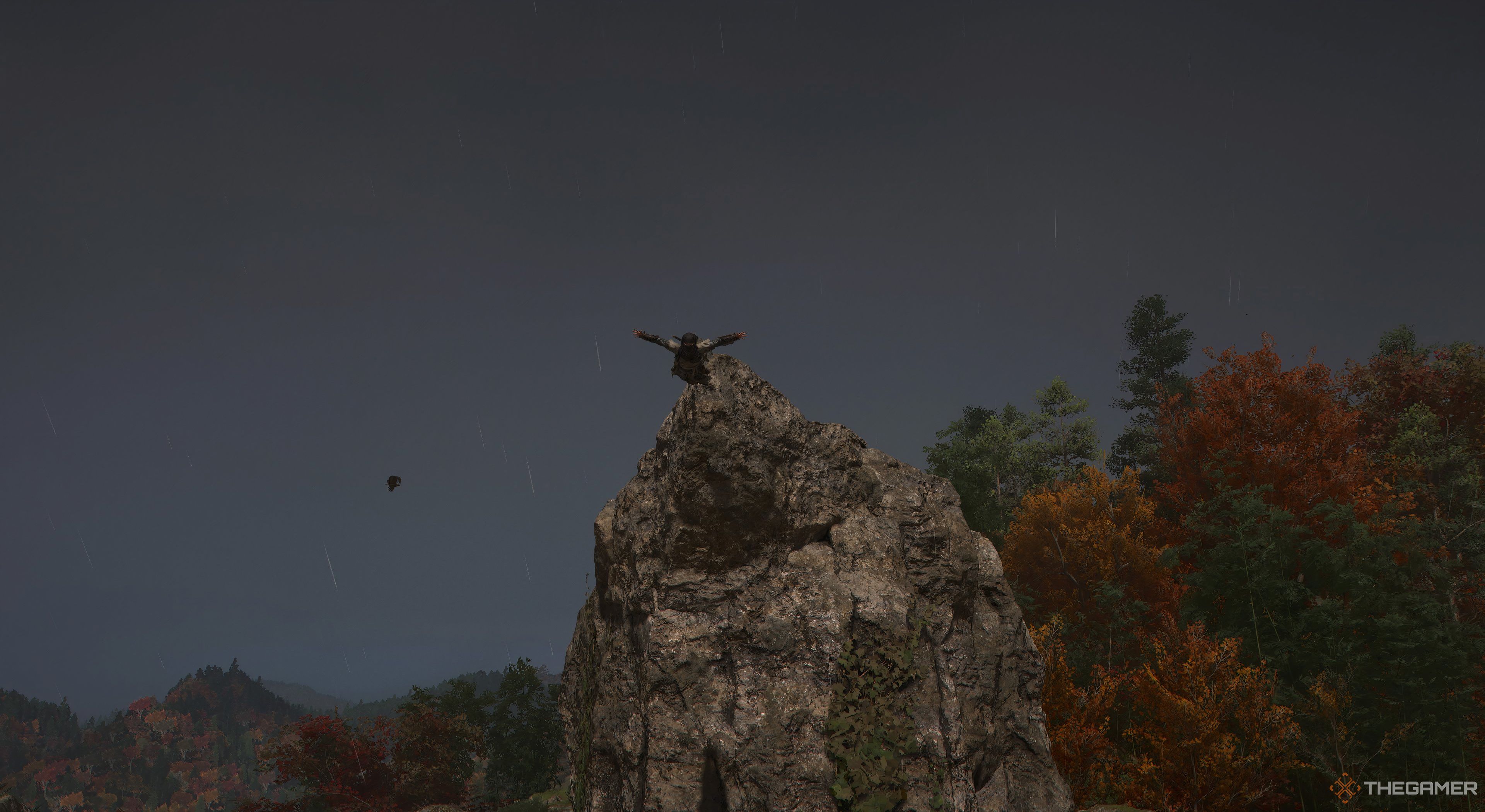 Assassin's Creed Shadows Naoe doing a leap of faith. There is an eagle in the background with the trees. The platform she's jumping off is a mountain cliff. 