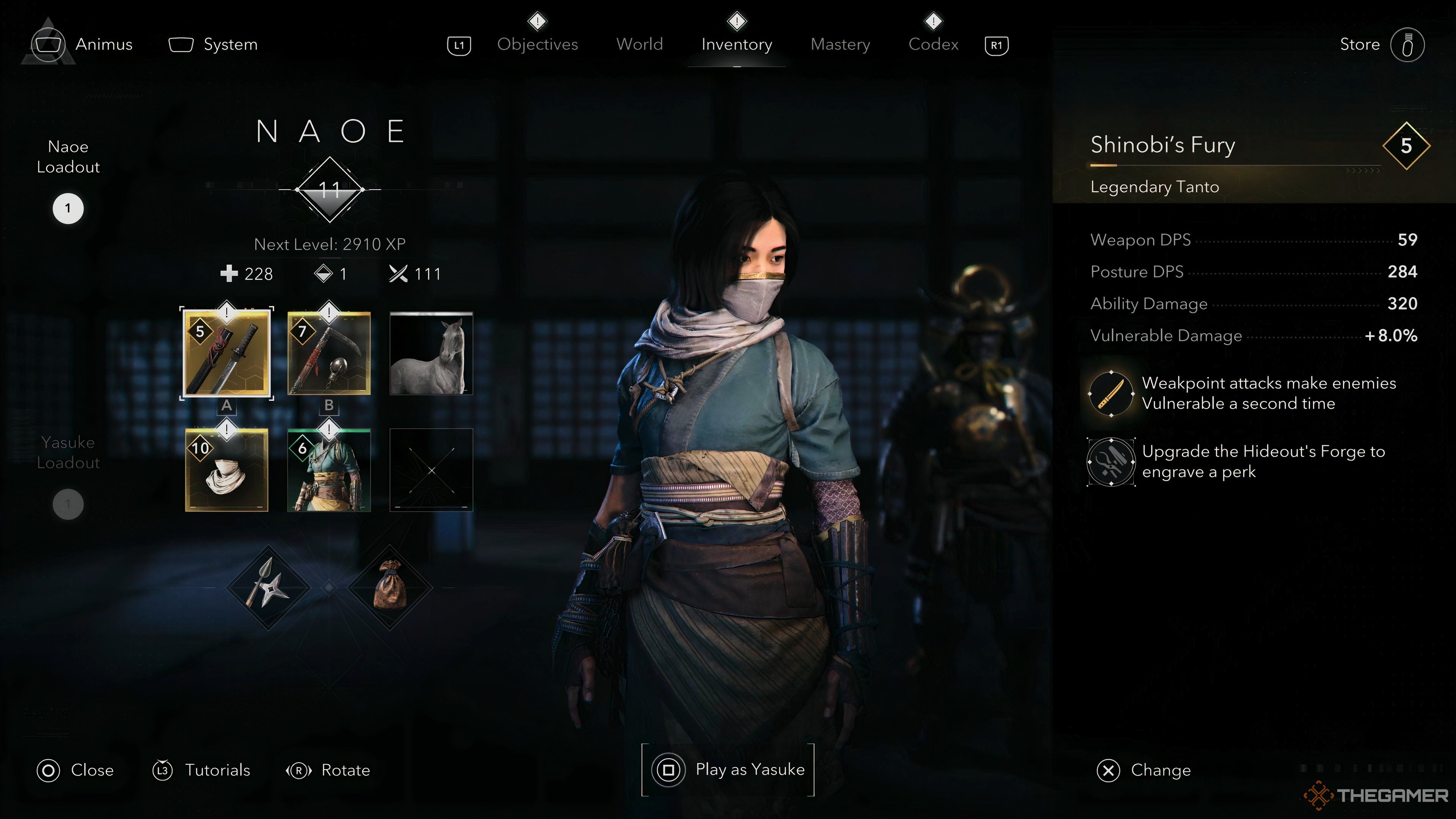 Naoe's inventory loadout with legendary items in Assassin's Creed Shadows.