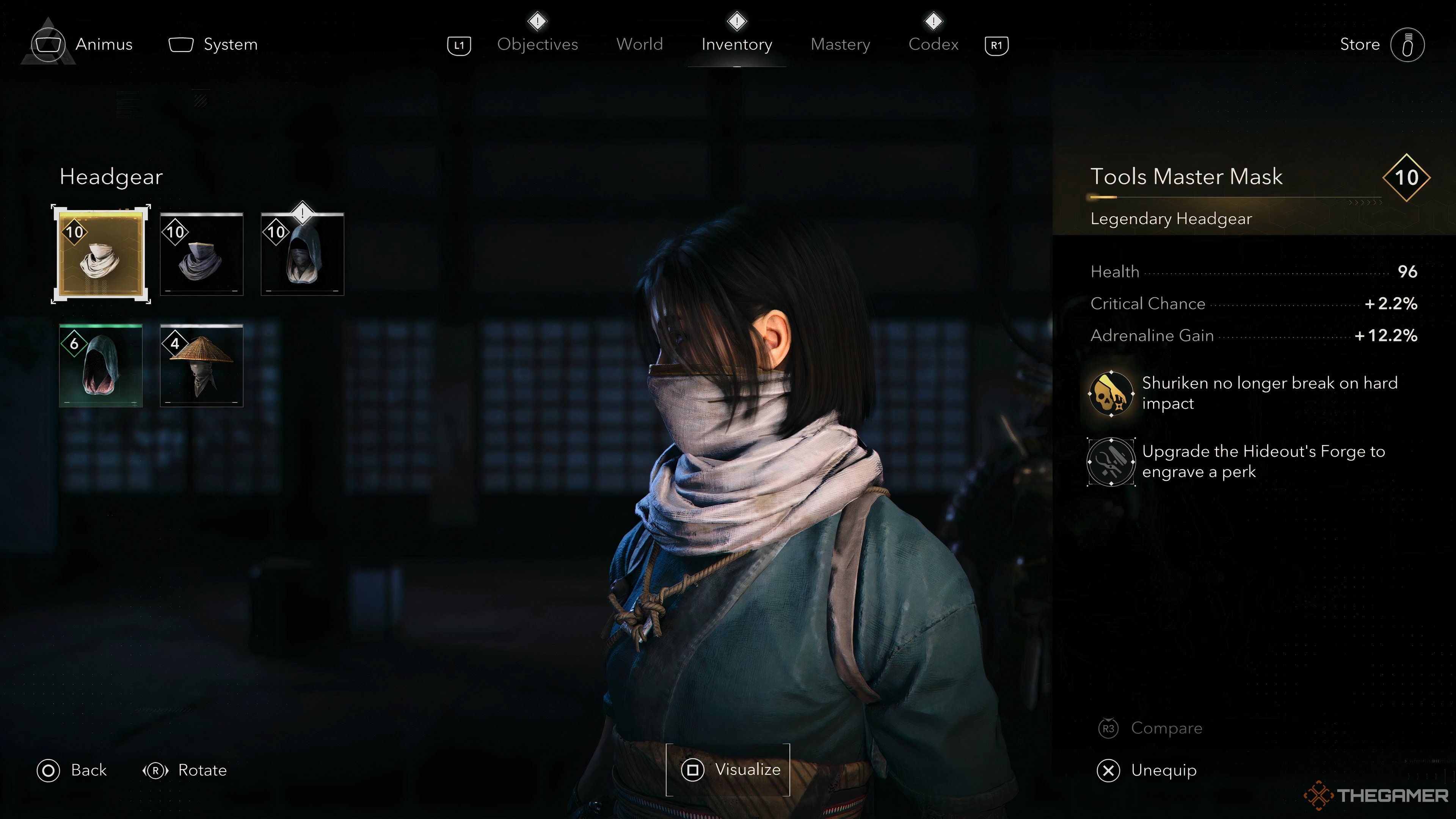 Naoe waearing the Tools Master Mask in Assassin's Creed Shadows' Inventory section.