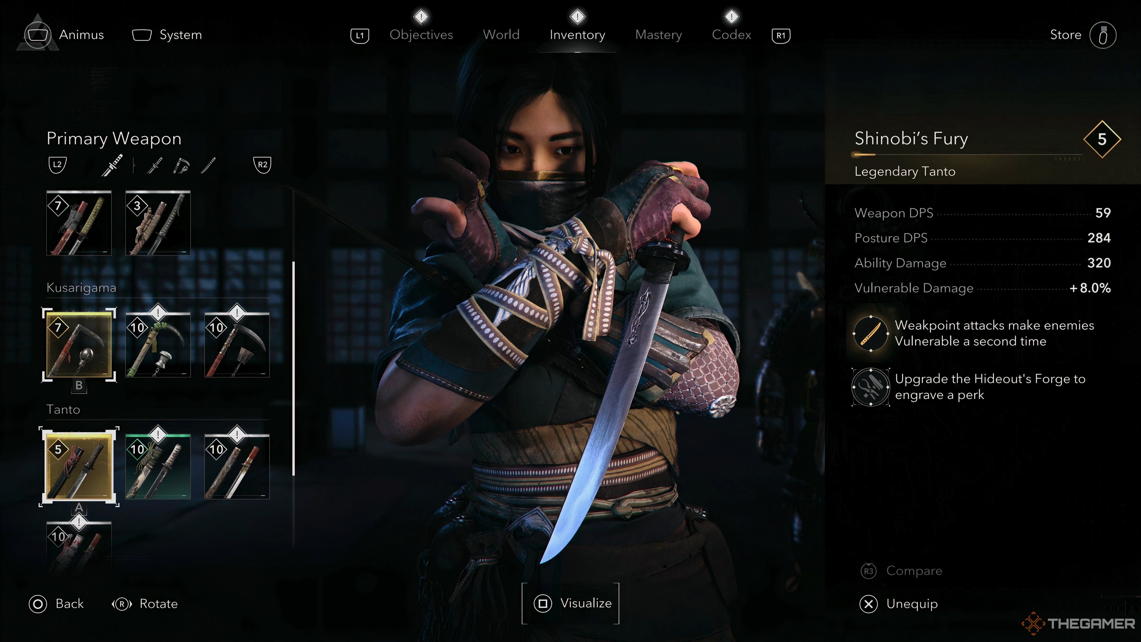 Naoe weapons loadout list including legendary weapons in Assassin's Creed Shadows.