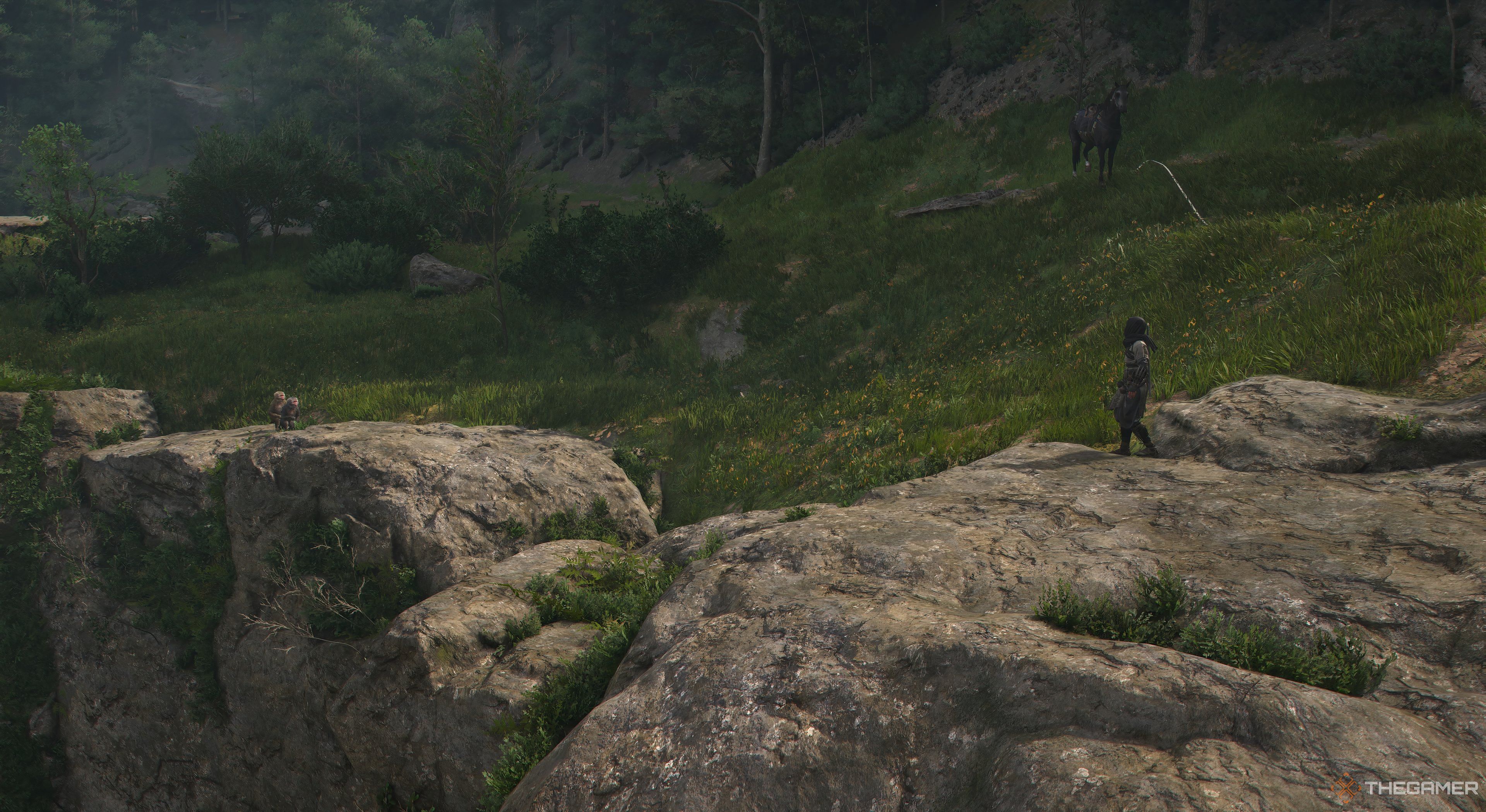 Assassin's Creed Shadows Naoe looking at two monkeys on a cliff. Her horse in off in the background.