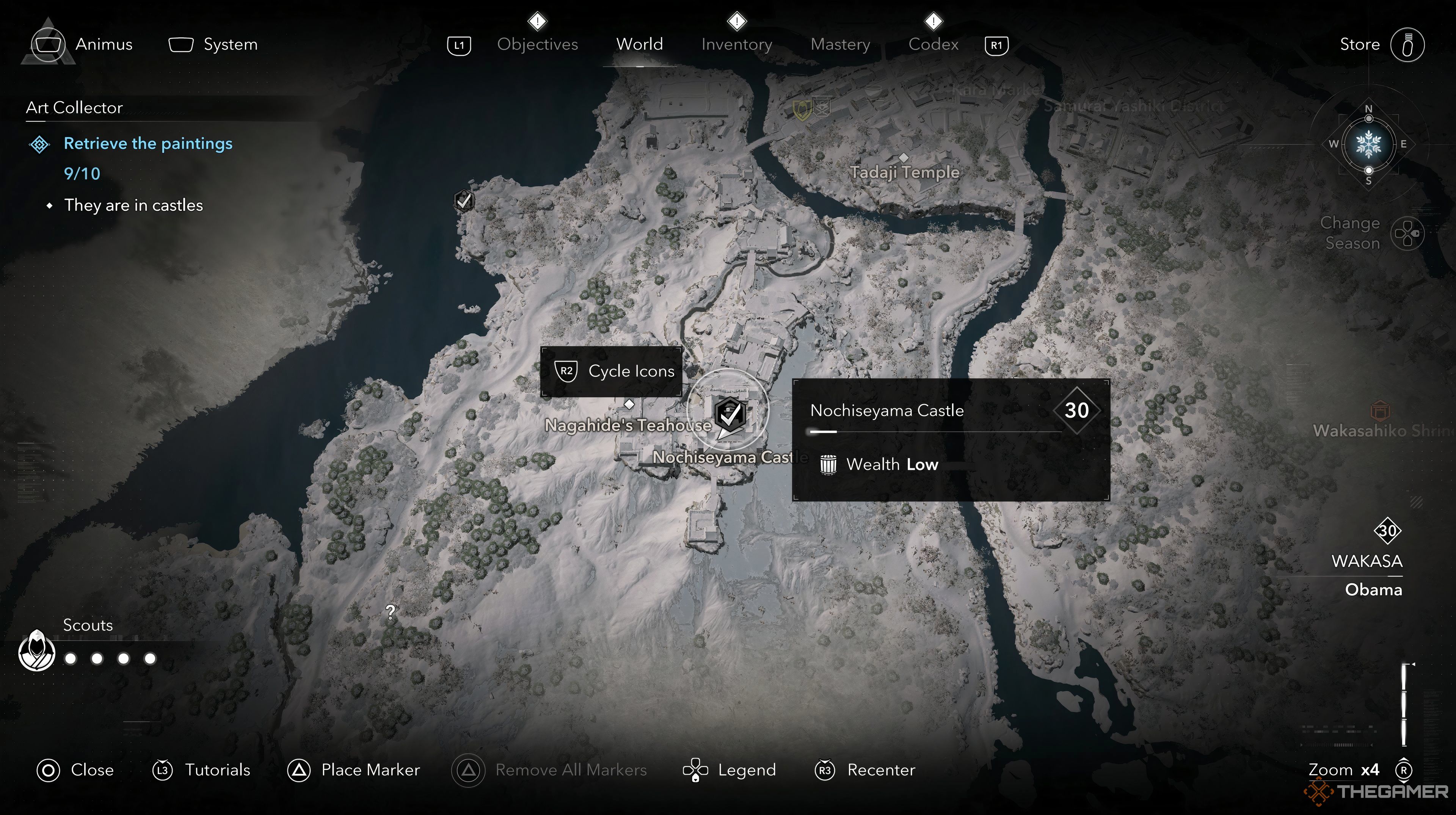 The map open up to Nochiseyama Castle with a info card showing its low wealth. 