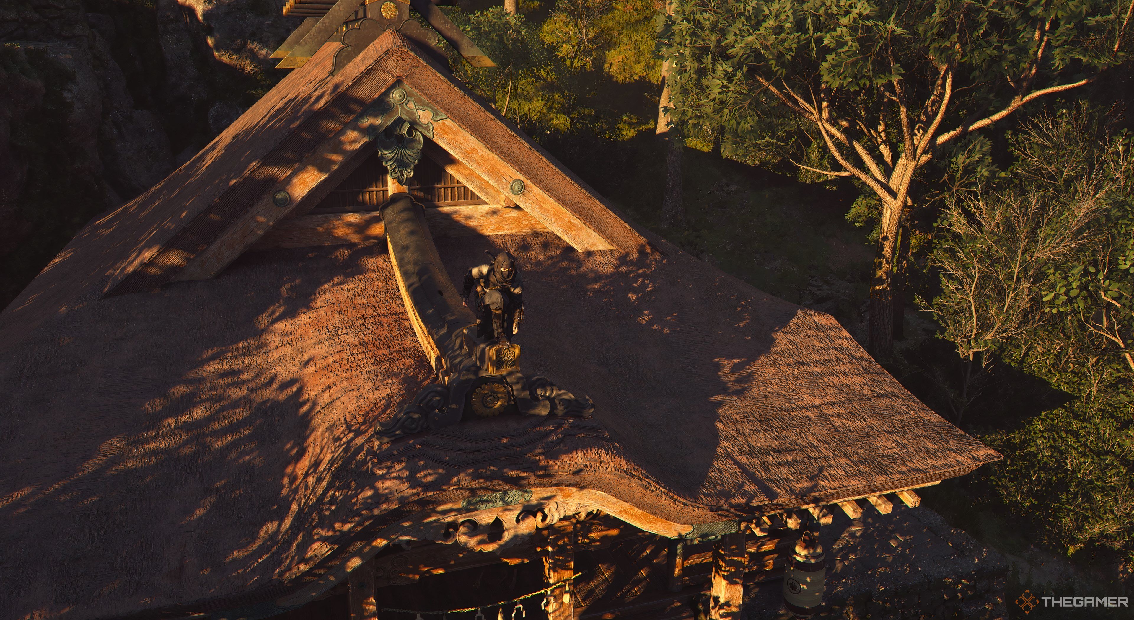 Assassin's Creed Shadows Naoe on a roof with a sun slightly on her. 