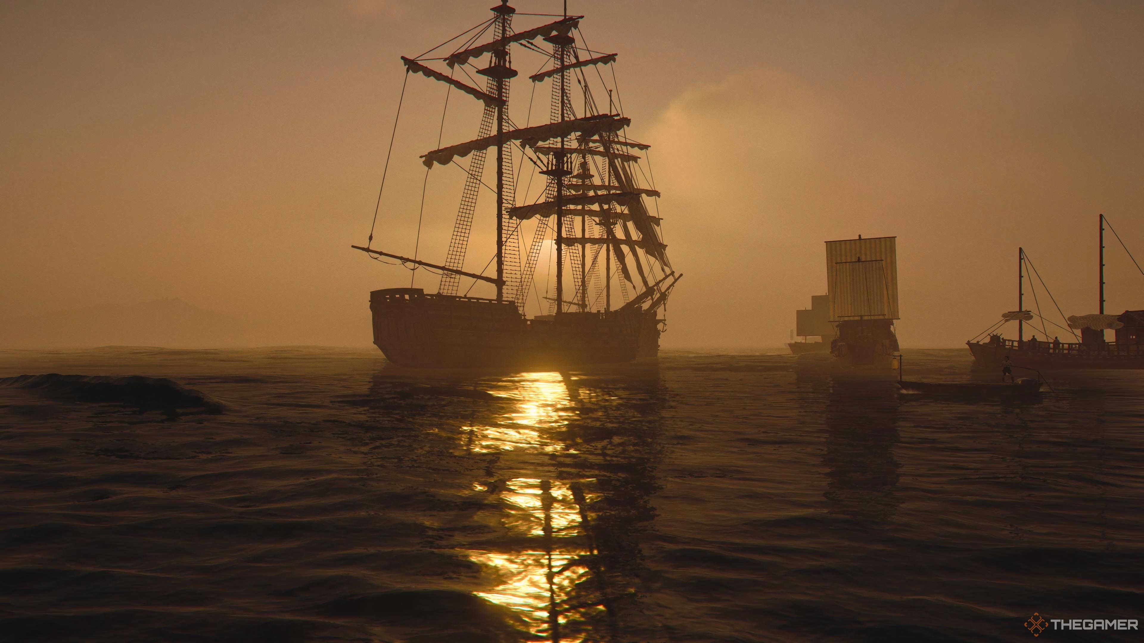 A large ship docked near a port with the sun setting behind it in Assassin's Creed Shadows.
