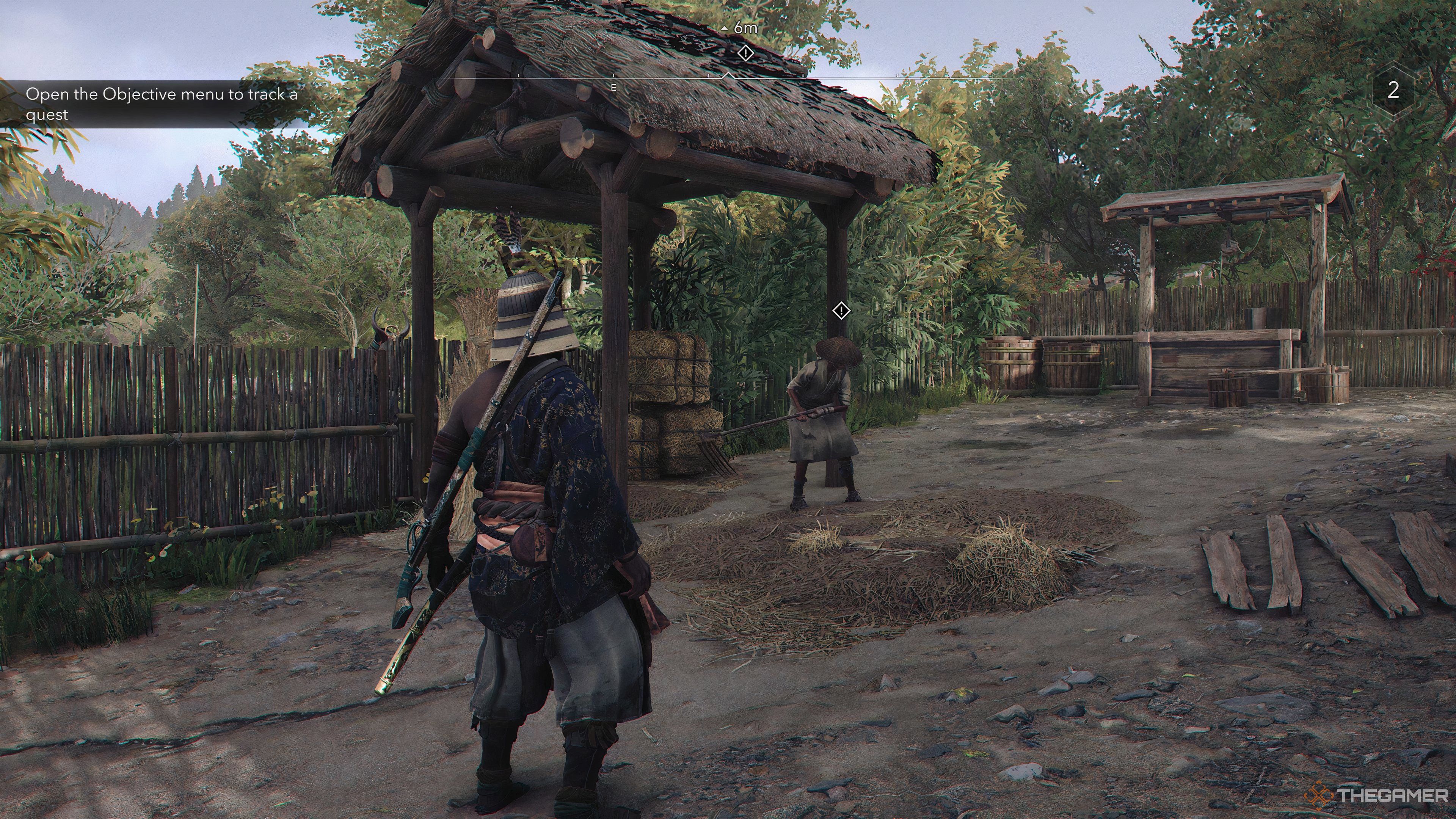 Yasuke looking at the Weary Farmer for the Stealing Samurai side quest in Assassin's Creed Shadows.
