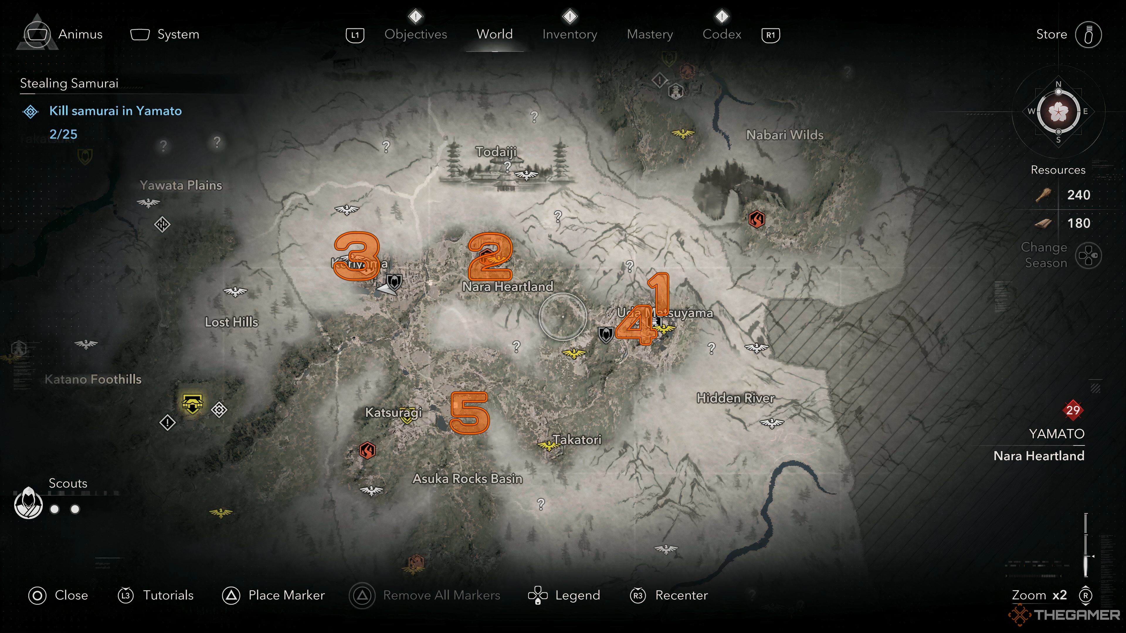 Locations of Samurai enemies shown on the map in Assassin's Creed Shadows.