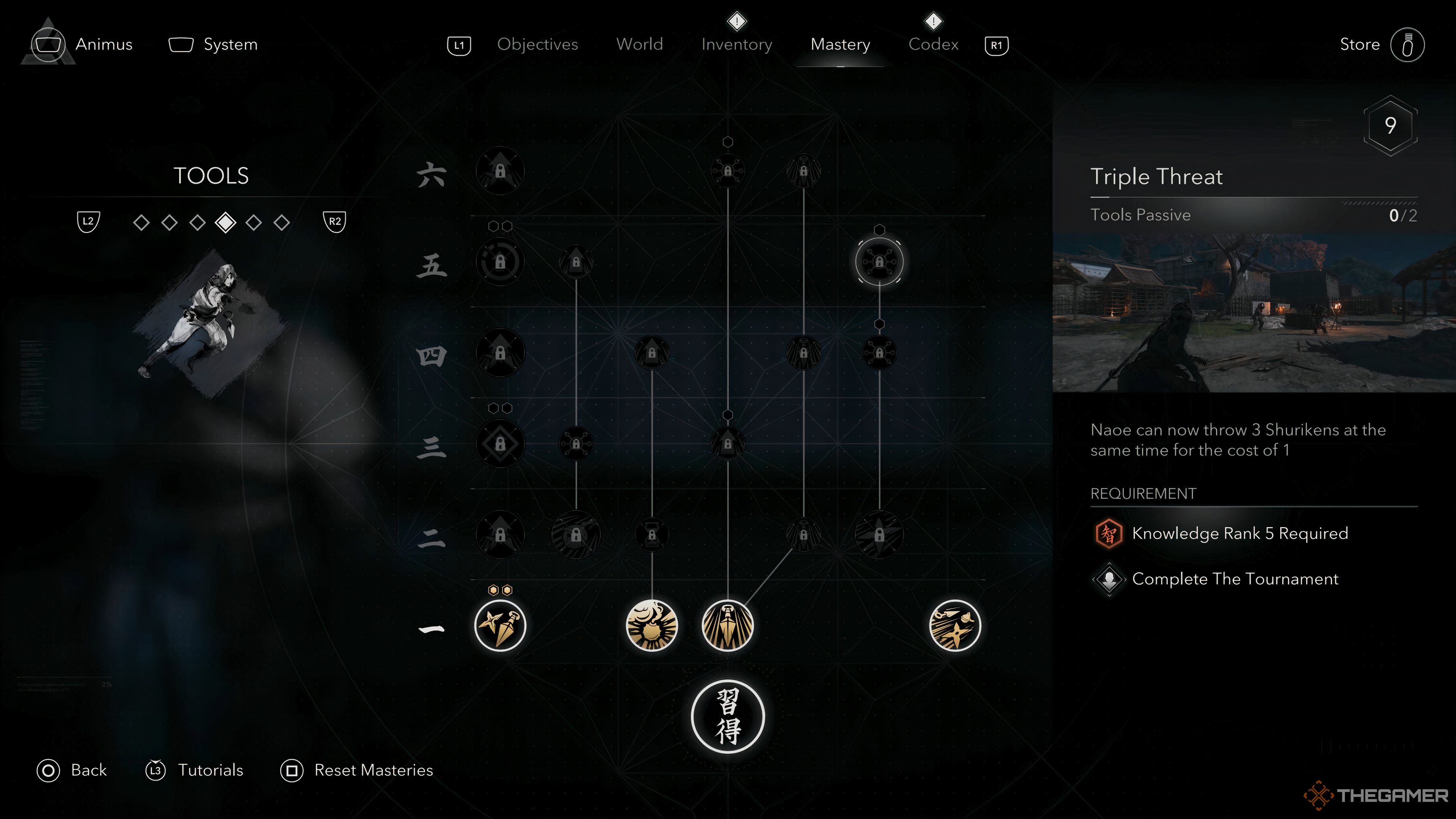 The Mastery upgrade screen for Tools for Naoe in Assassin's Creed Shadows.