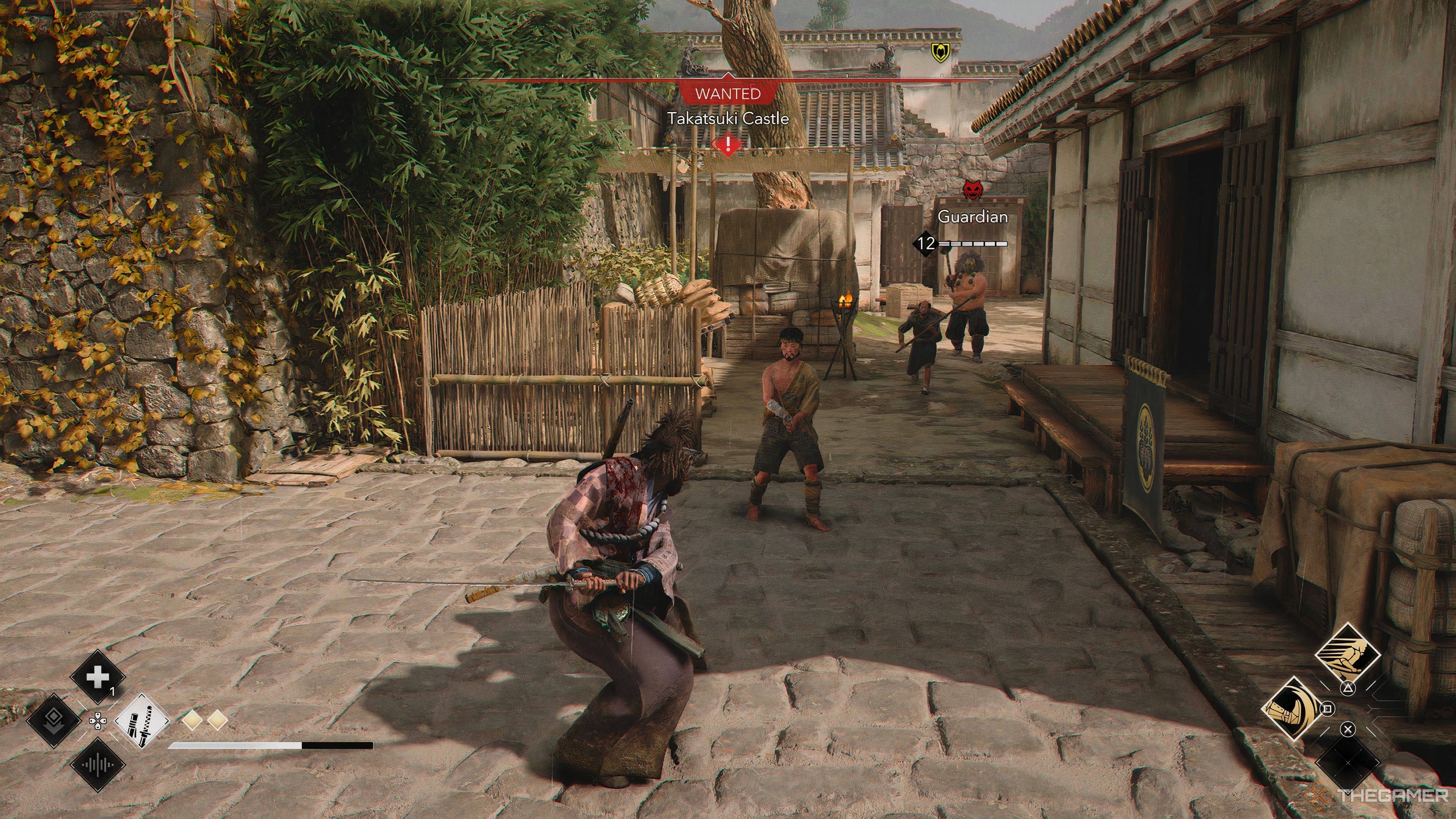 Yasuke ready to attack a group of enemies in combat in Takatsuki Castle in Assassin's Creed Shadows.