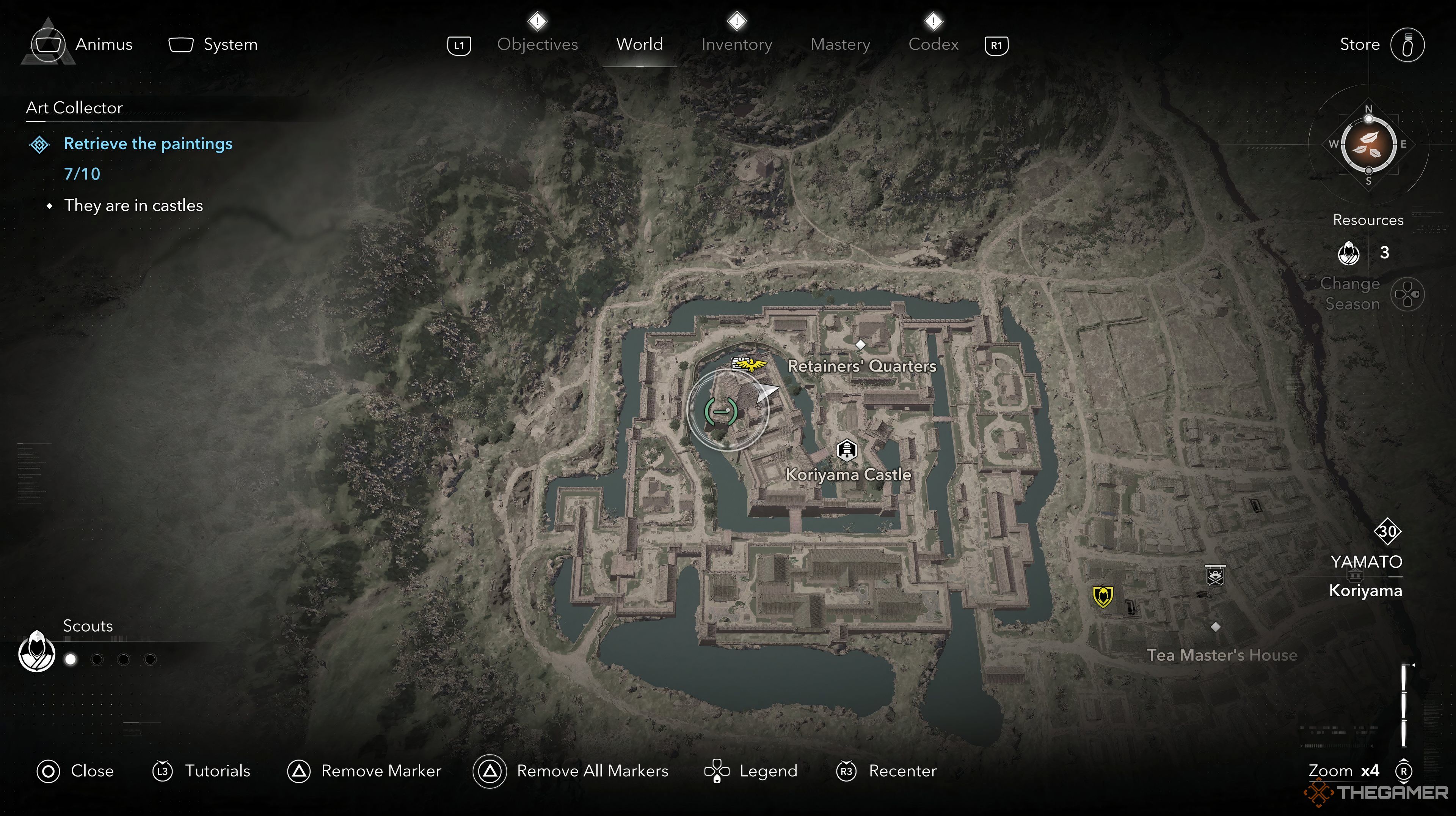 The map showing the player's location with a way point set on the painting's location in Koriyama Castle.