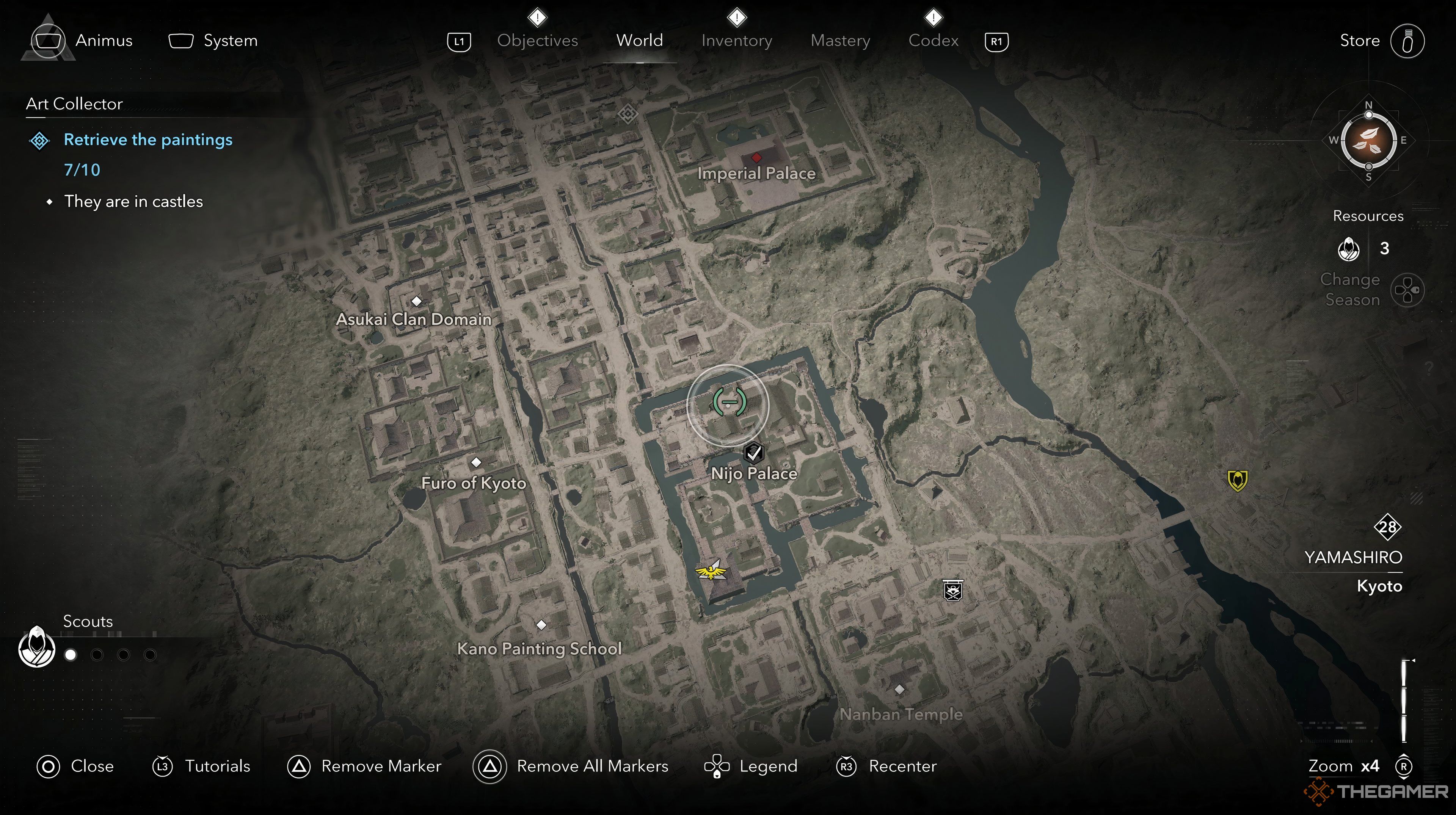 The map showing Nijo Palace with the waypoint showing the location of the painting. 