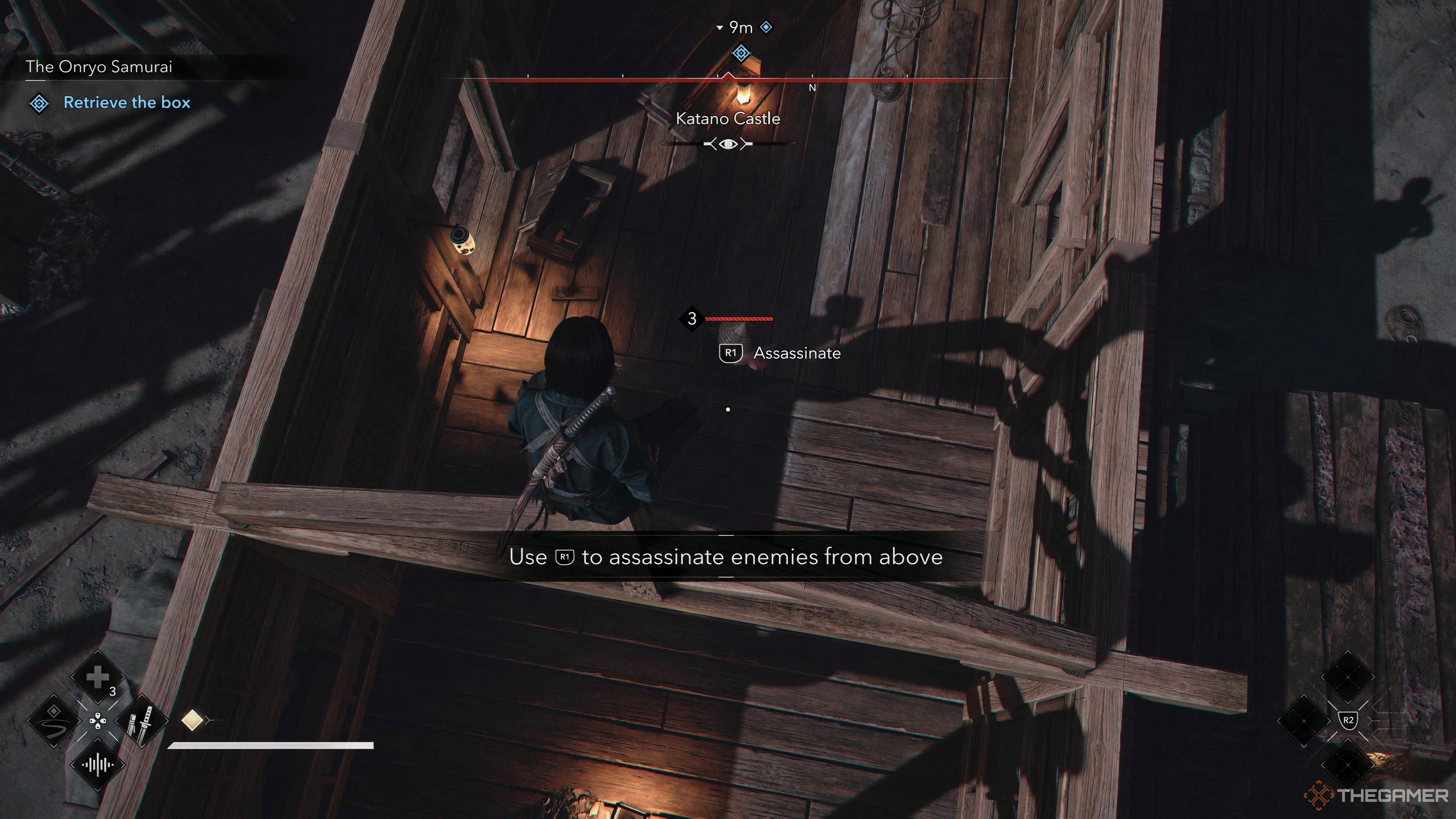 Naoe standing on a plank above an unaware enemy in Katano Castle in Assassins Creed Shadows.