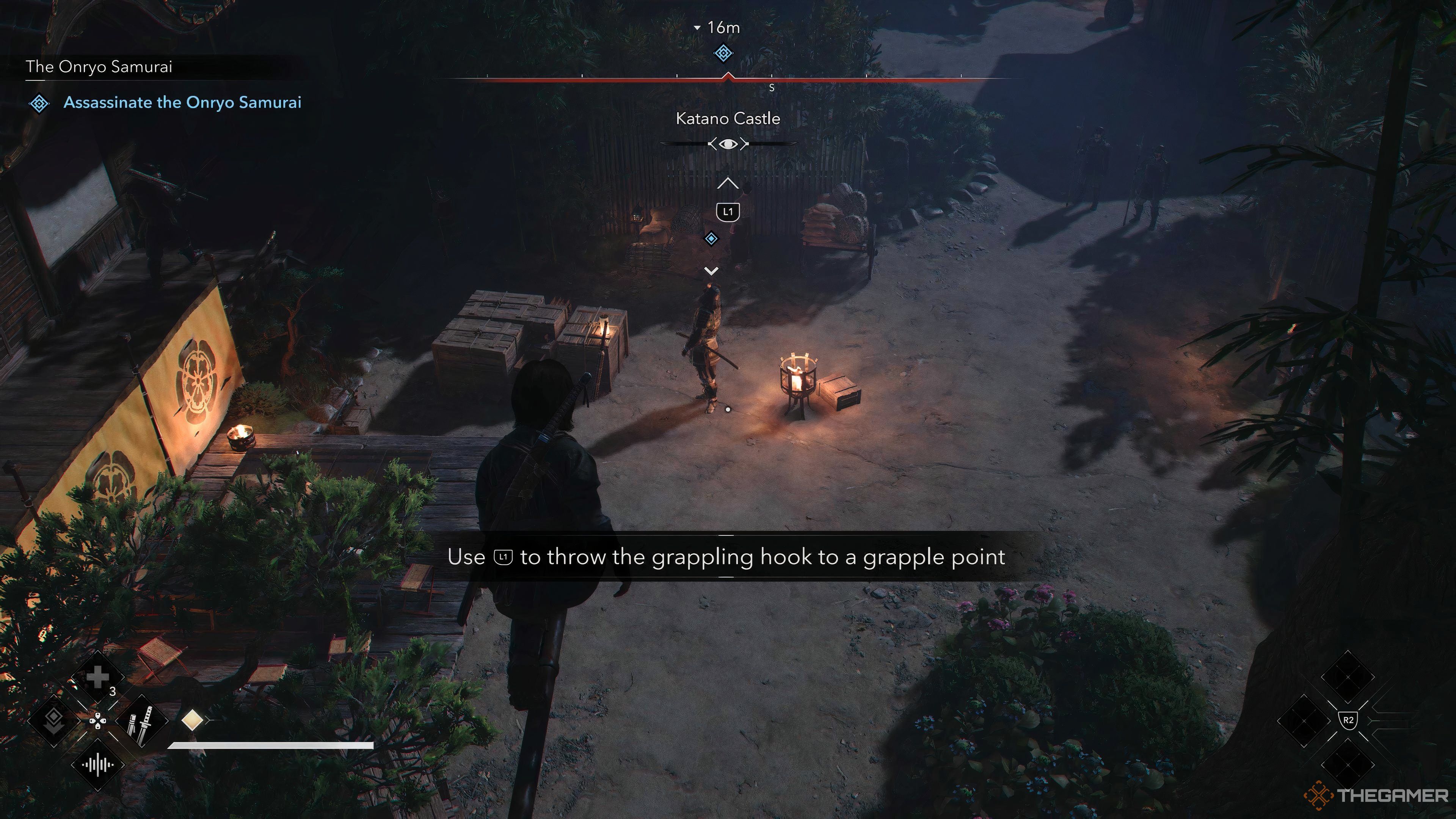 Naoe is about to kill the Onryo Samurai while standing on a pillar in Assassins Creed Shadows.