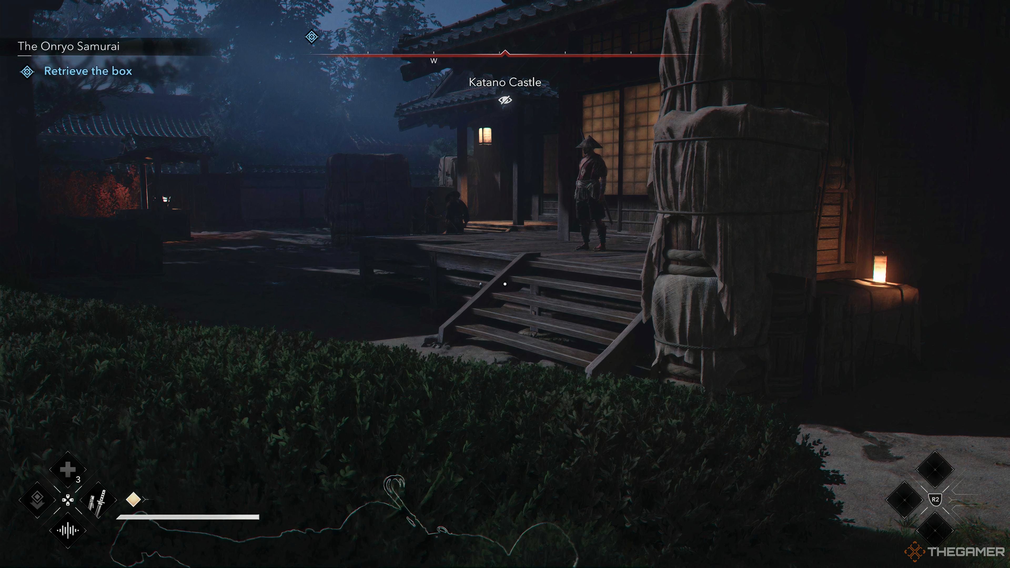 Naoe hiding in the grass while she whistles to attract a guard in Assassins Creed Shadows.