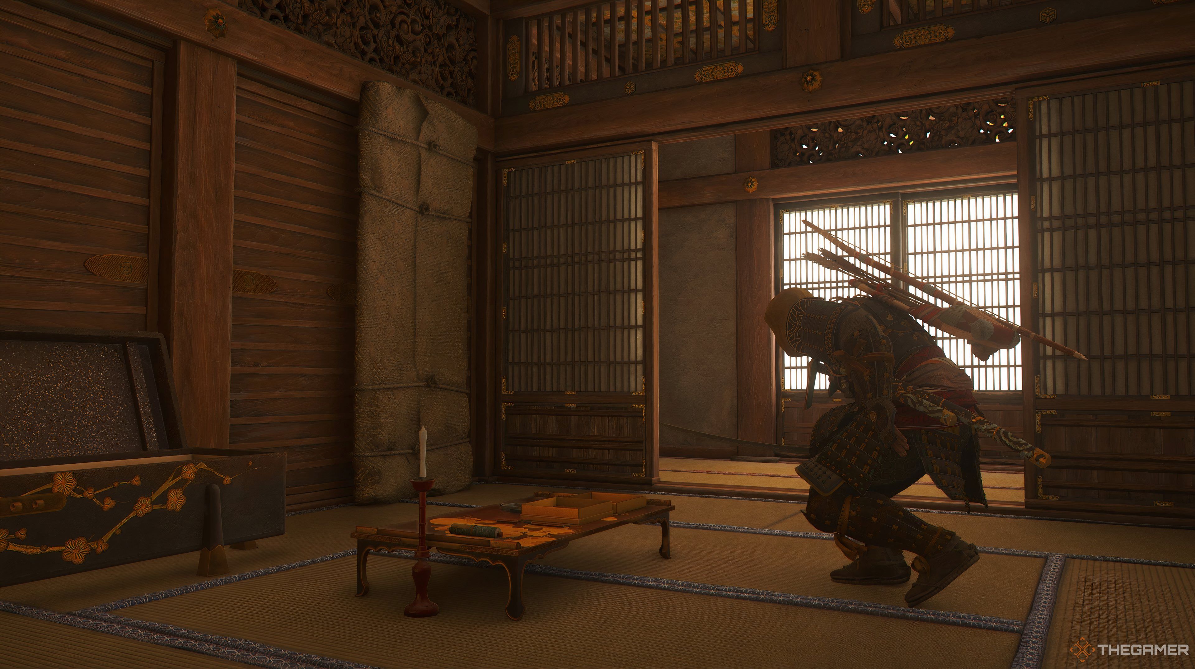 Yasuke approaching a painting on a wall. There a two sets of doors behind him. One set is open, the other is closed.