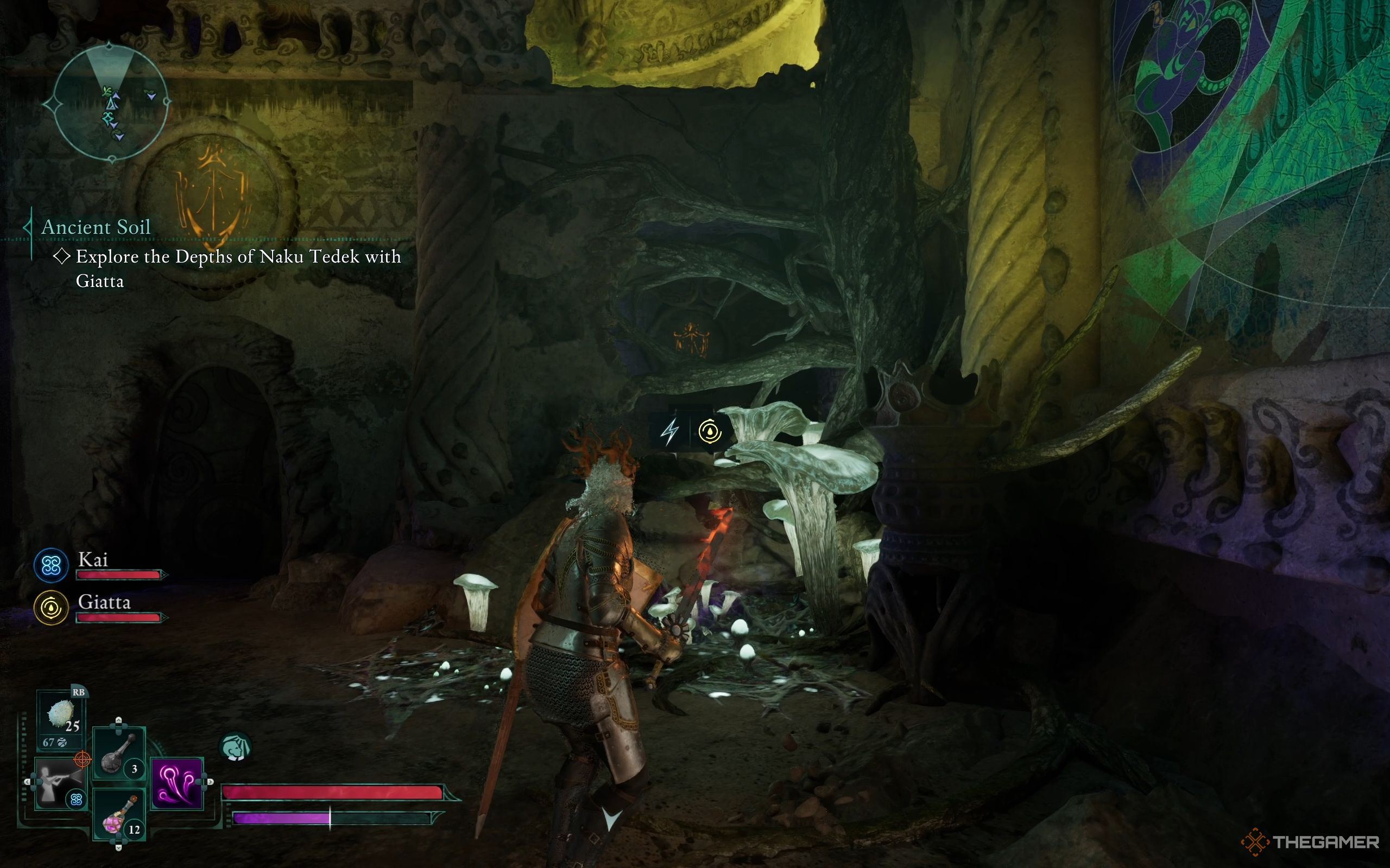 To the left is a door with a glowing shield icon on top, to the right, behind the roots is the generator.