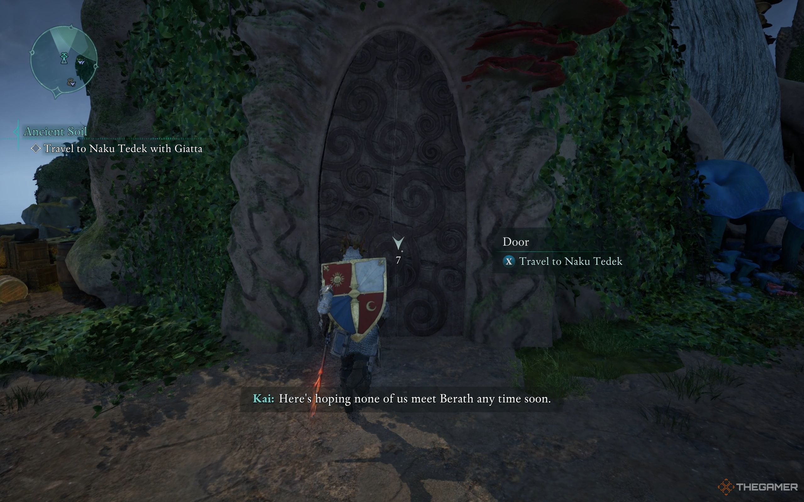 The Envoy arrives at a stone door with a window displaying the text 'Travel to Naku Tedek.'