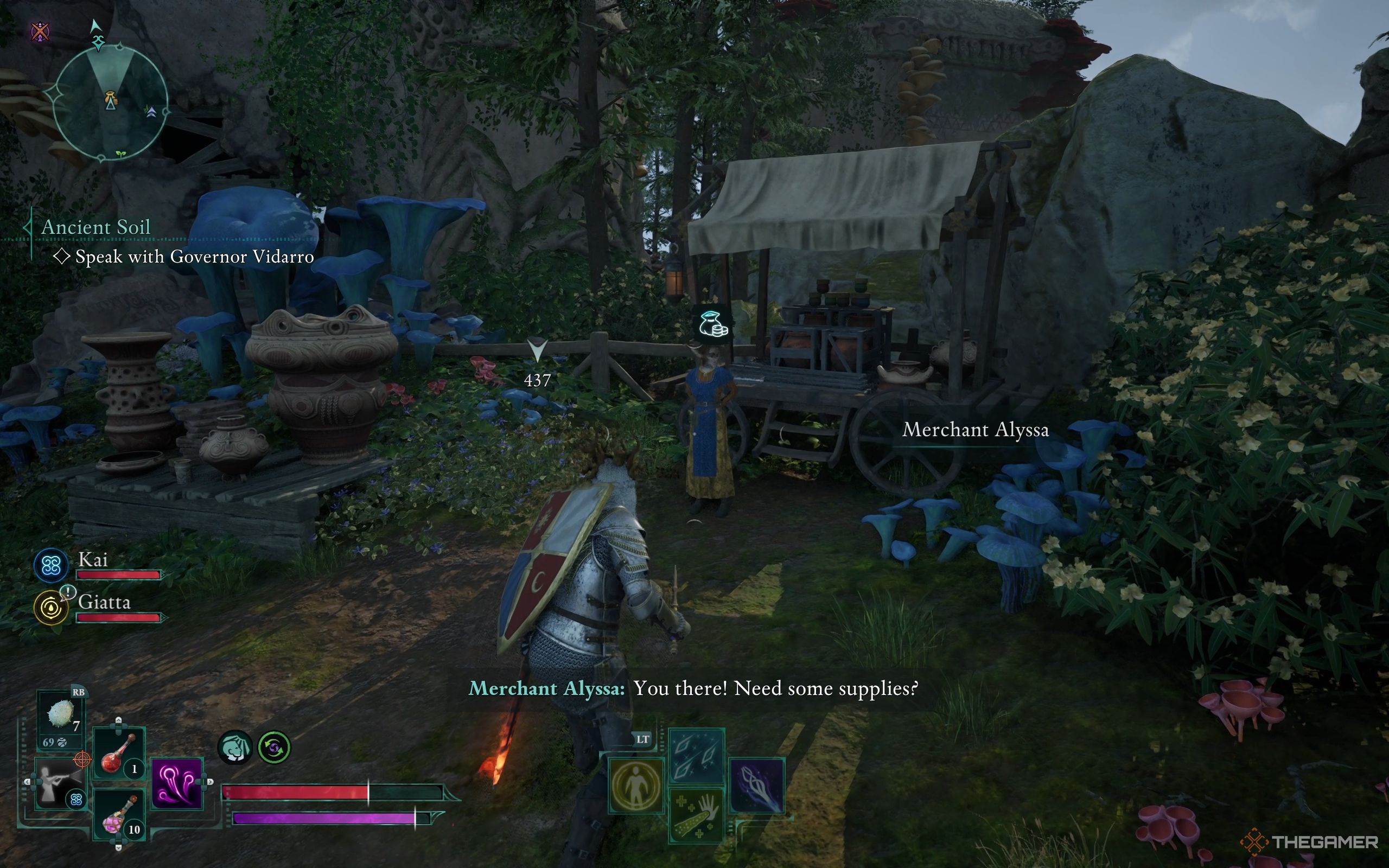 The Envoy spots a female merchant dressed in a blue and yellow gown.