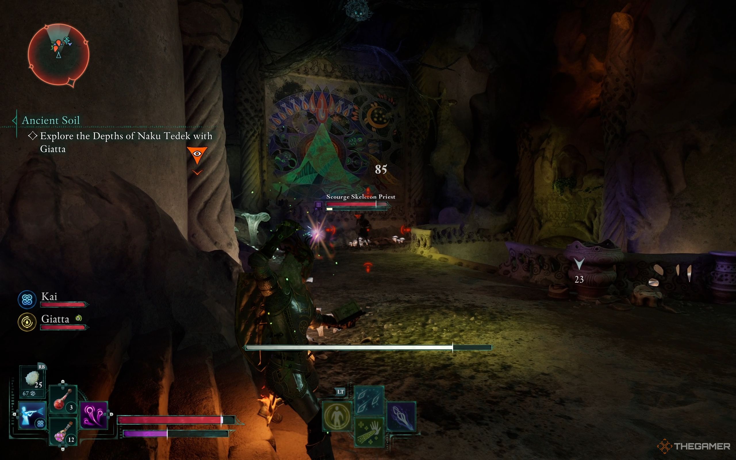 The Envoy attacks a Skeleton Priest near a big mural.