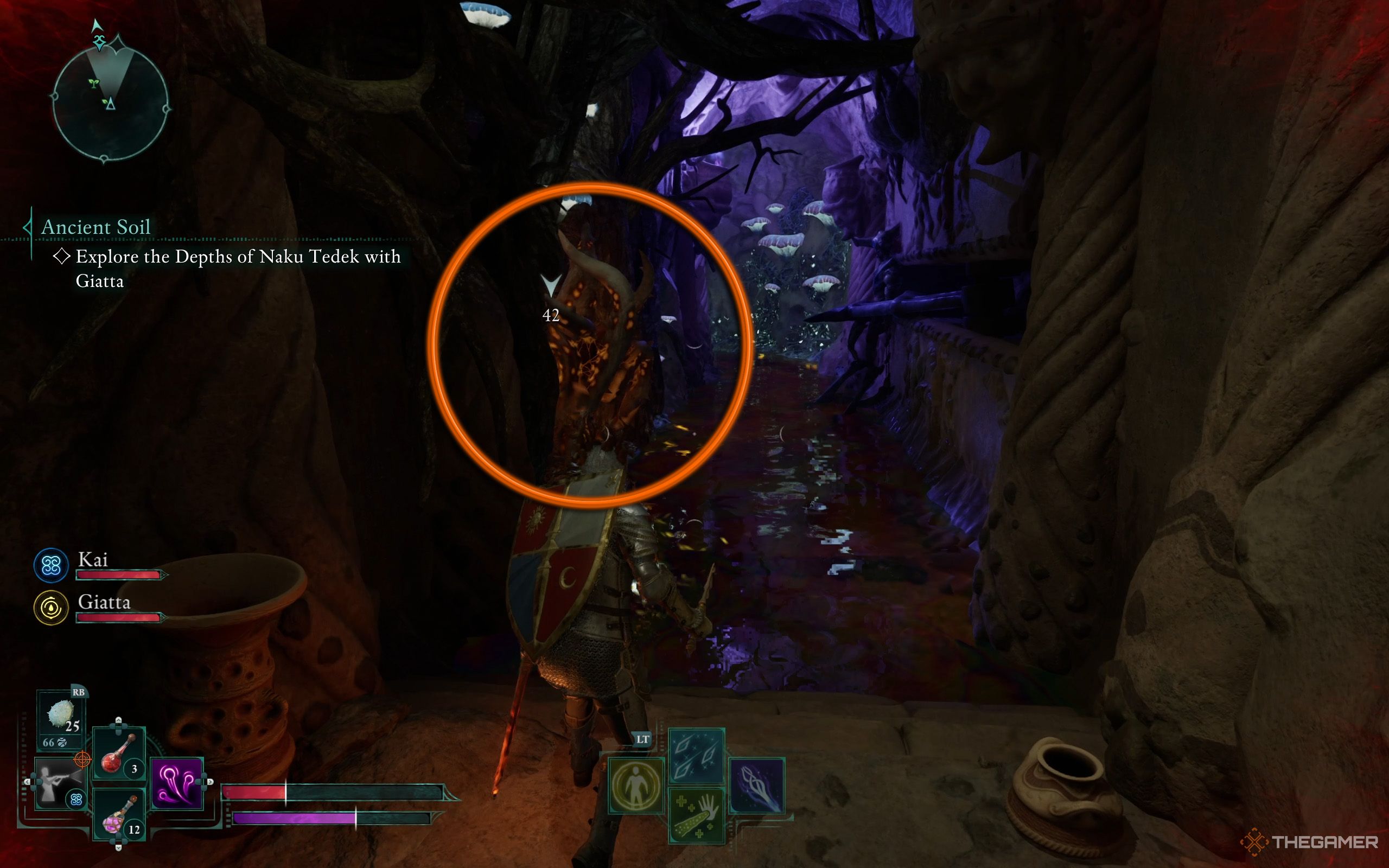 A red water corridor with a orange marker highlighting the brambles the Envoy can burn.
