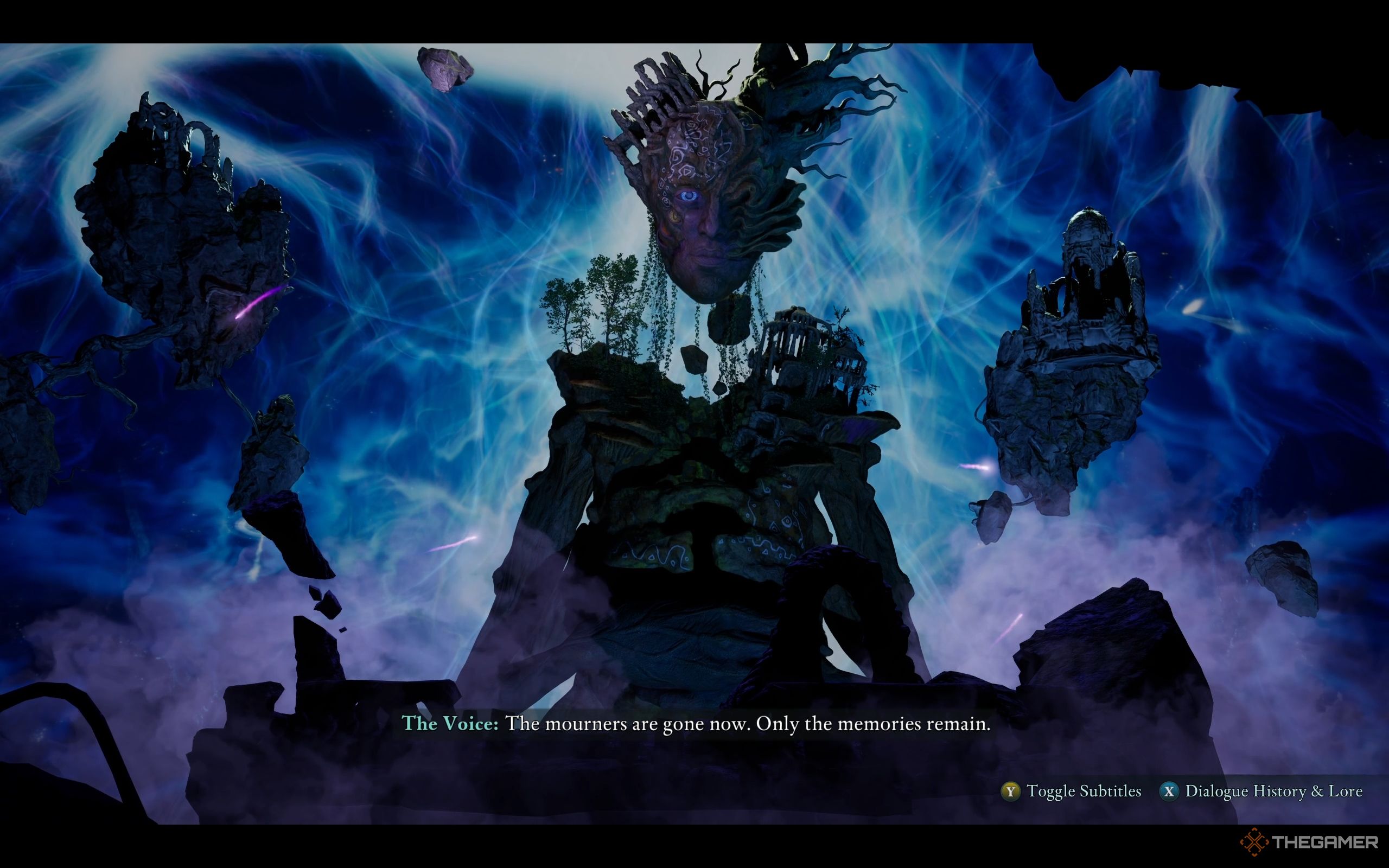 A strange statue-like creature made of land, houses, and trees, surrounded by floating islands.