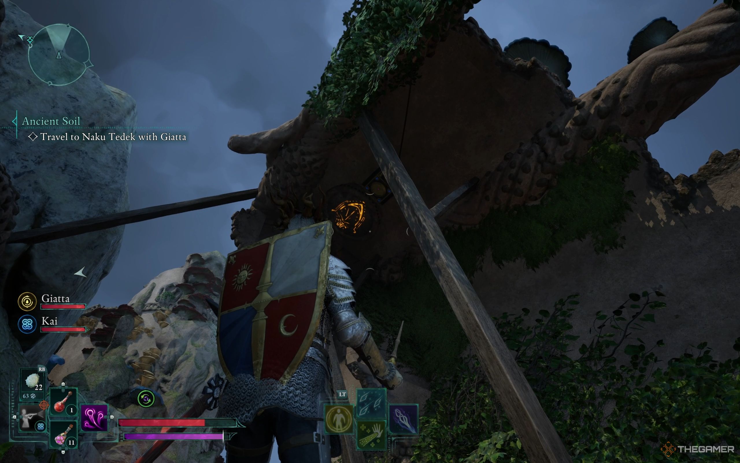 A glowing orange shield symbol beside a generator beneath a collapsed wall.