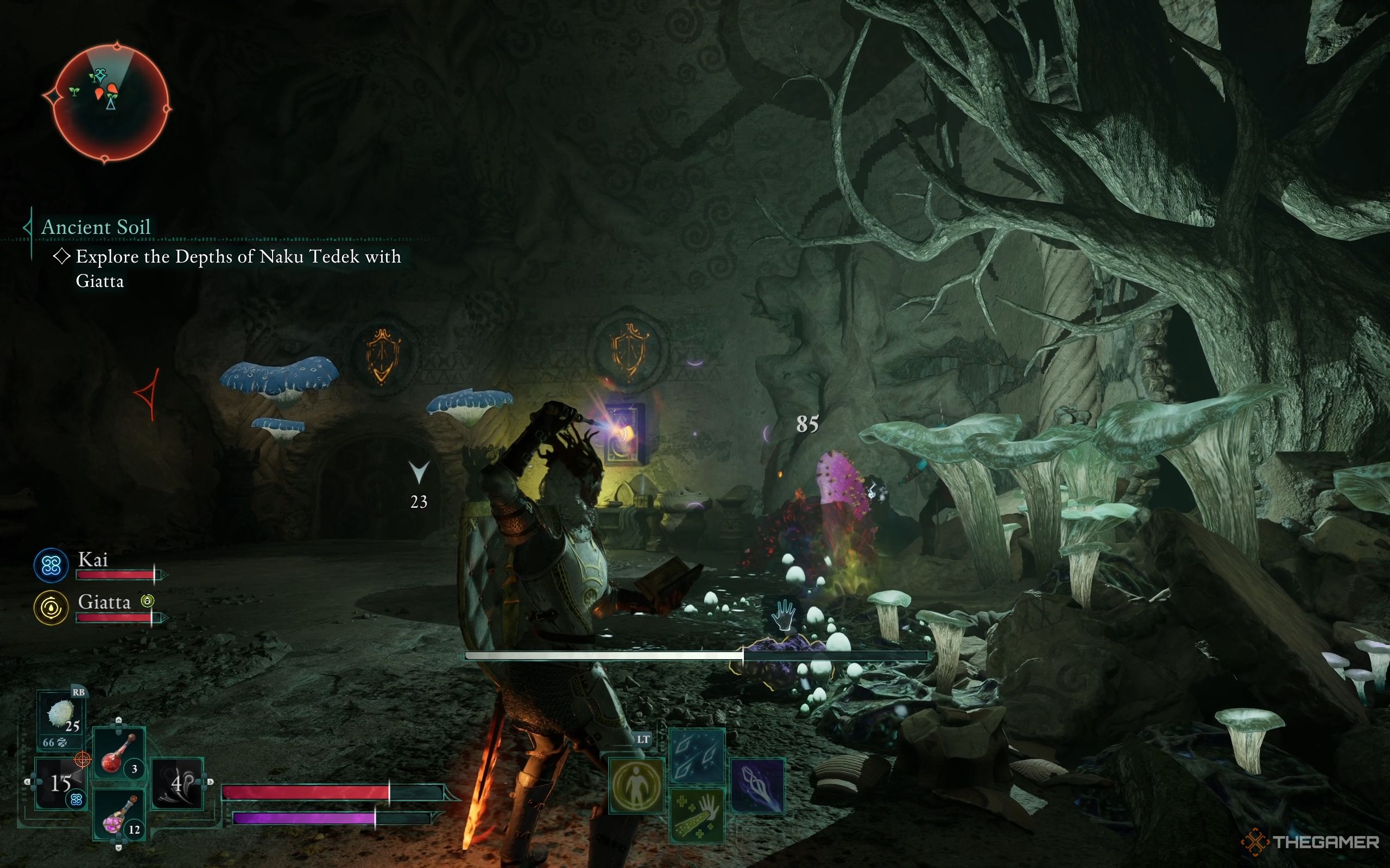The Envoy strikes a Sporeling; Across from the fight is a sealed door and a generator nearby.