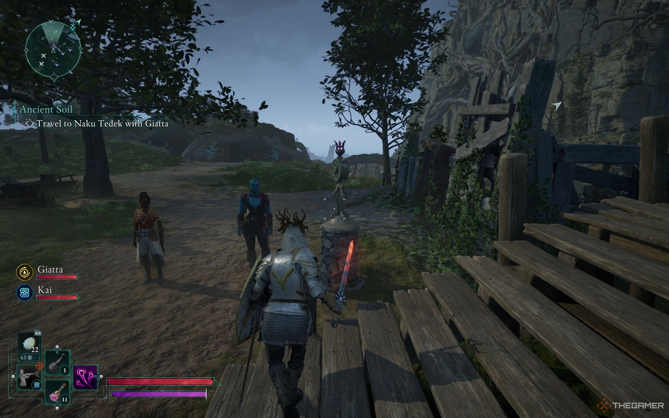 The Envoy, Giatta, and Kai are standing near a Fast Travel Beacon.