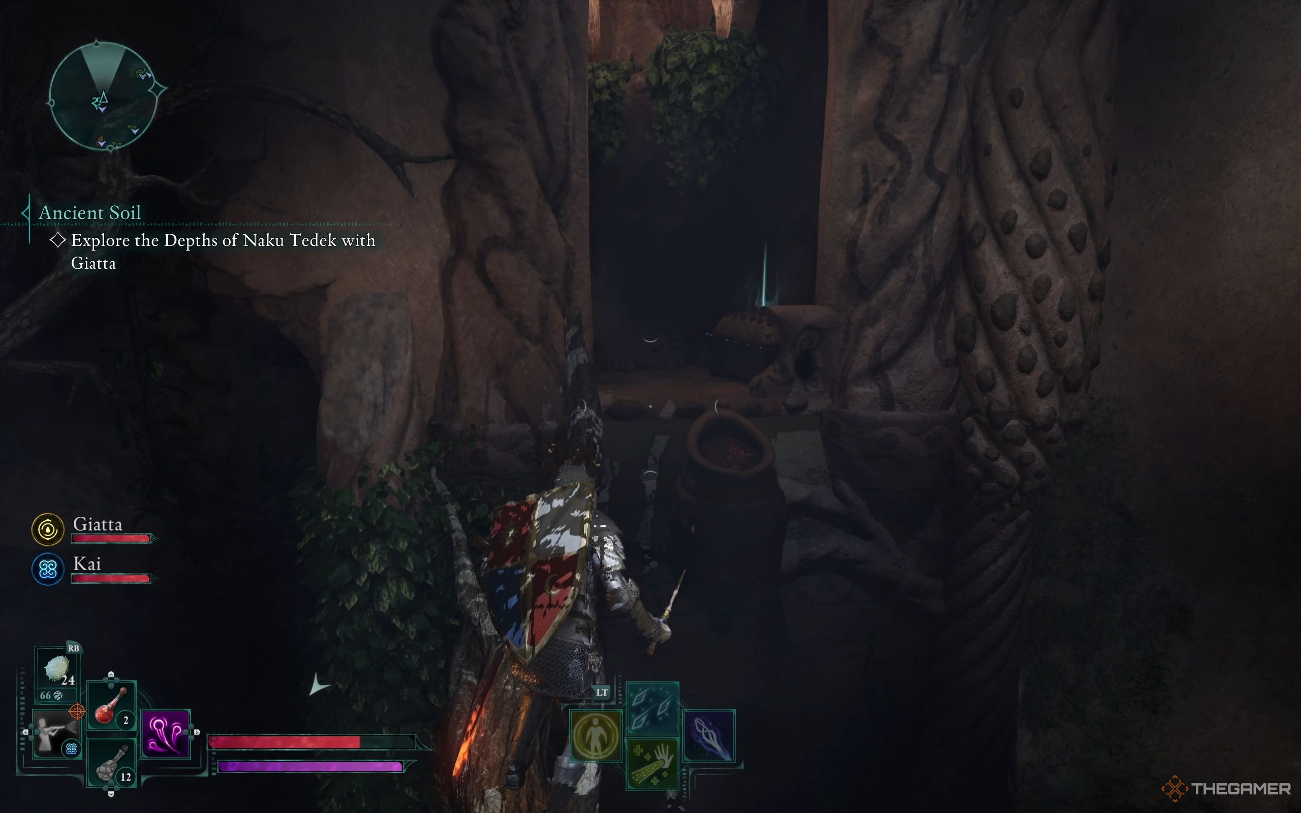 The Envoy runs along the tree root toward an alcove, where a chest waits inside.