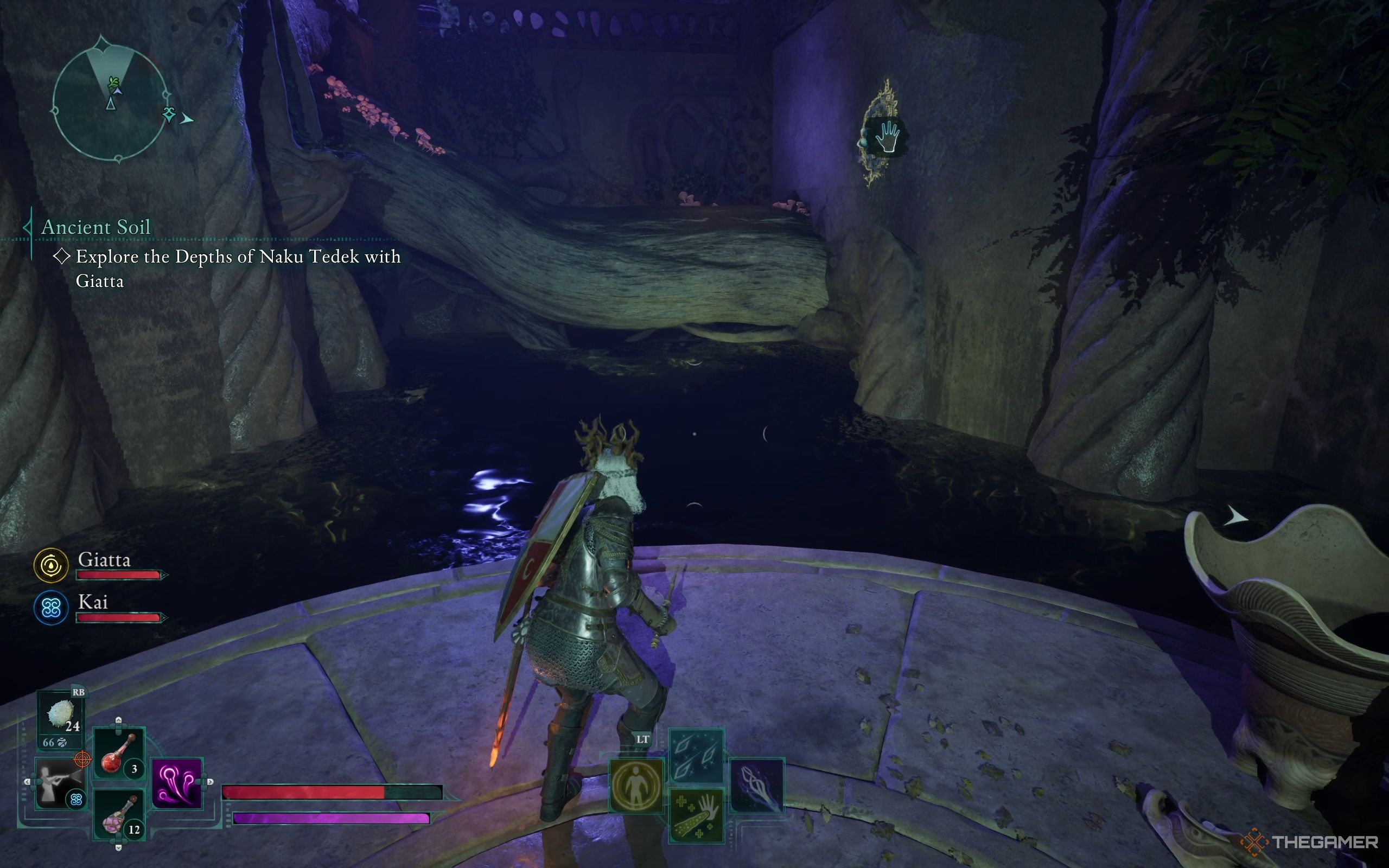 The Envoy stands in a flooded room, looking at a giant tree root.