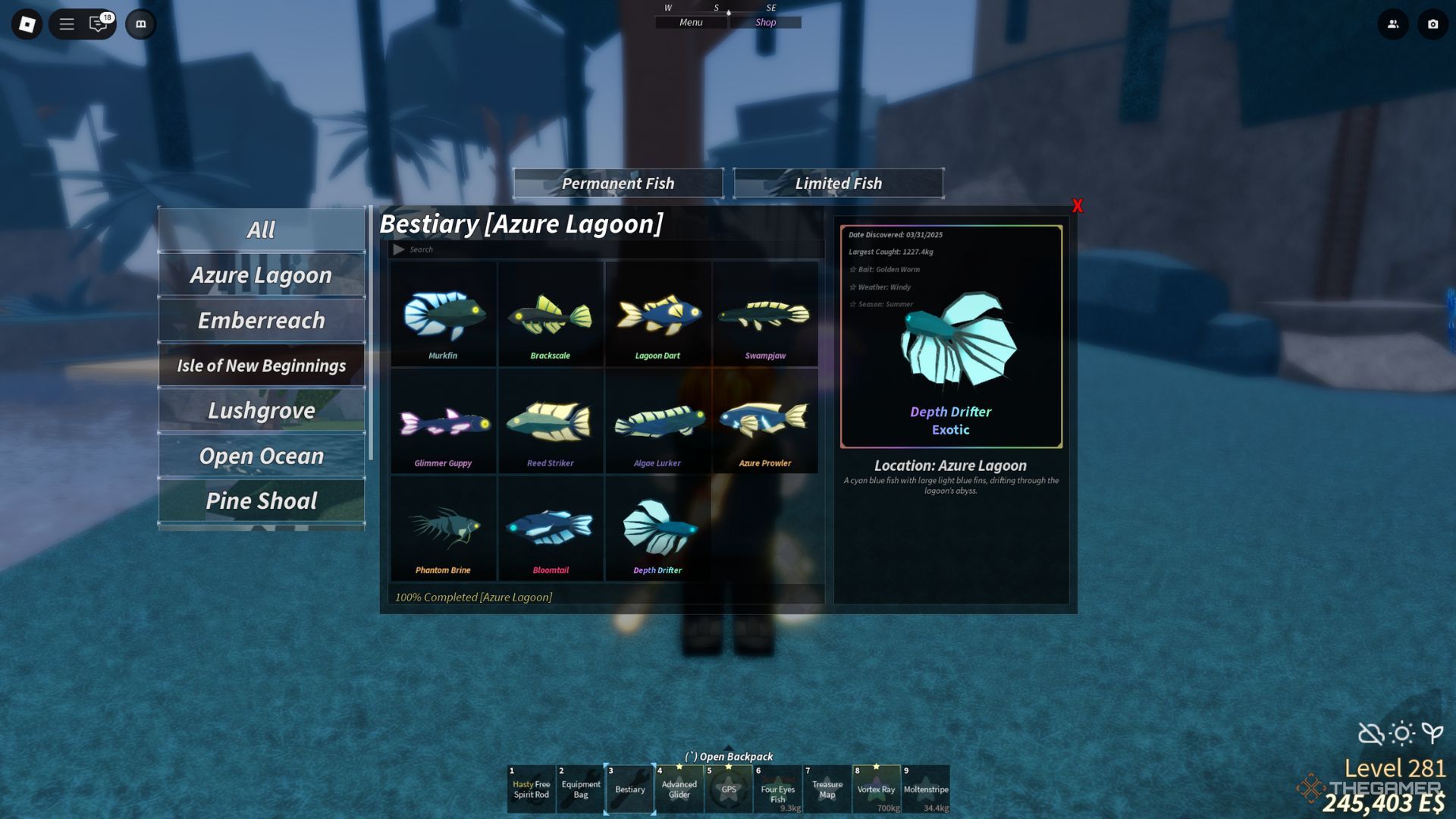 The player character shows a fully completed Azure Lagoon bestiary in Fisch.