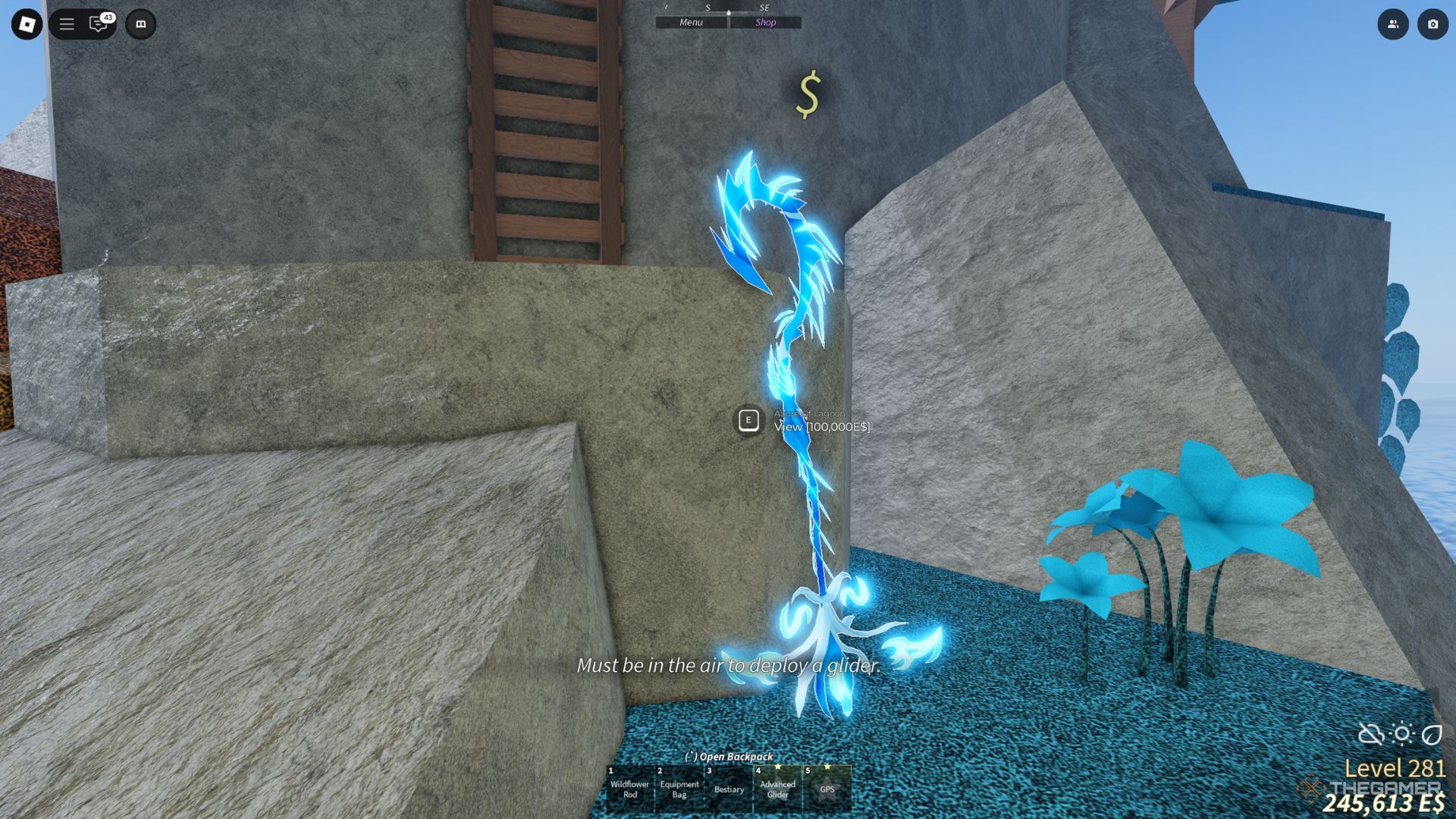 The player character shows the Azure Of Lagoon rod in the Azure Lagoon area in Fisch.