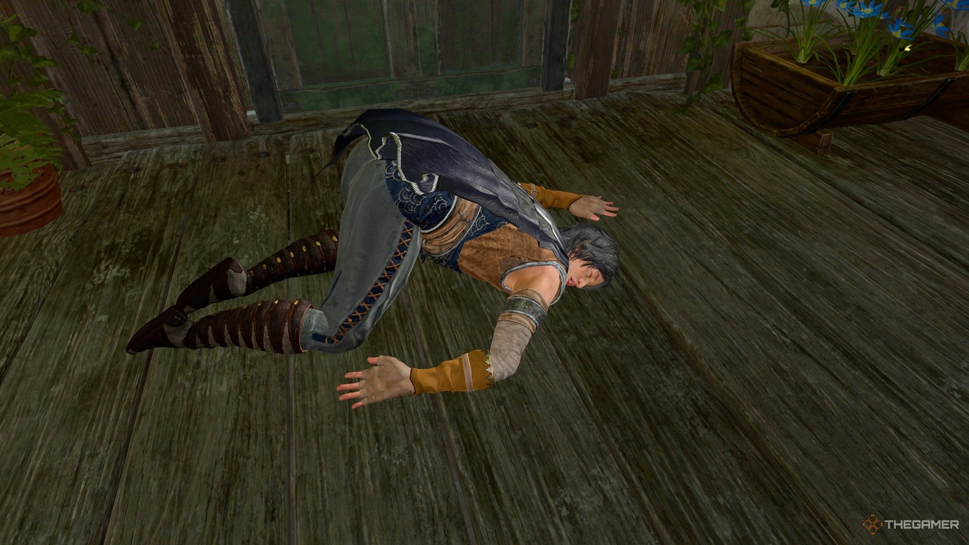 Baldur's Gate 3 image showing a monk player character laying on the ground.