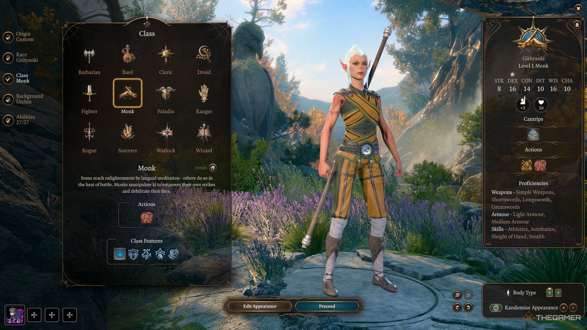 Baldur's Gate 3 image showing character creation for a Monk.