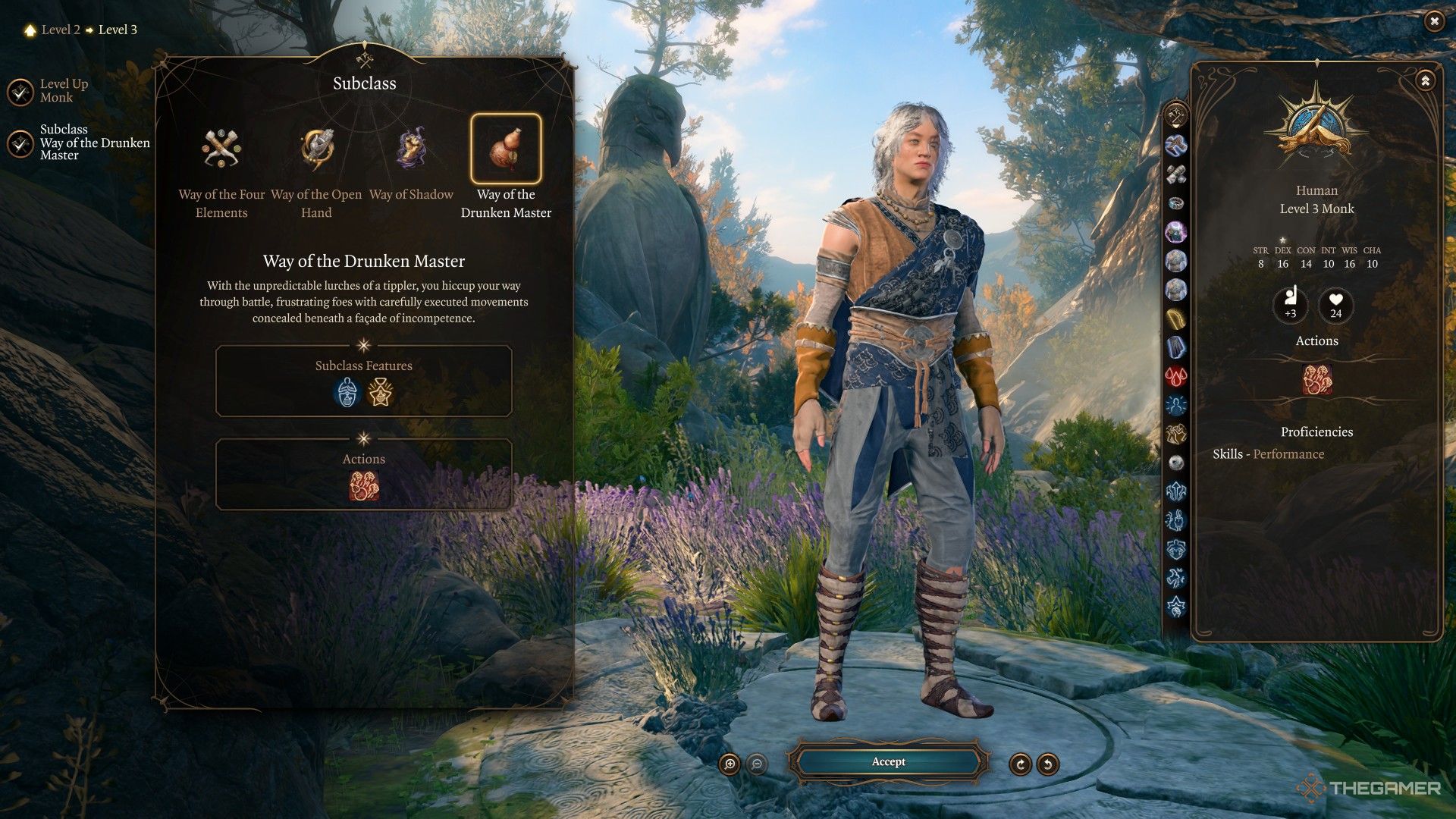 Baldur's Gate 3 image showing the level up screen for a Monk.
