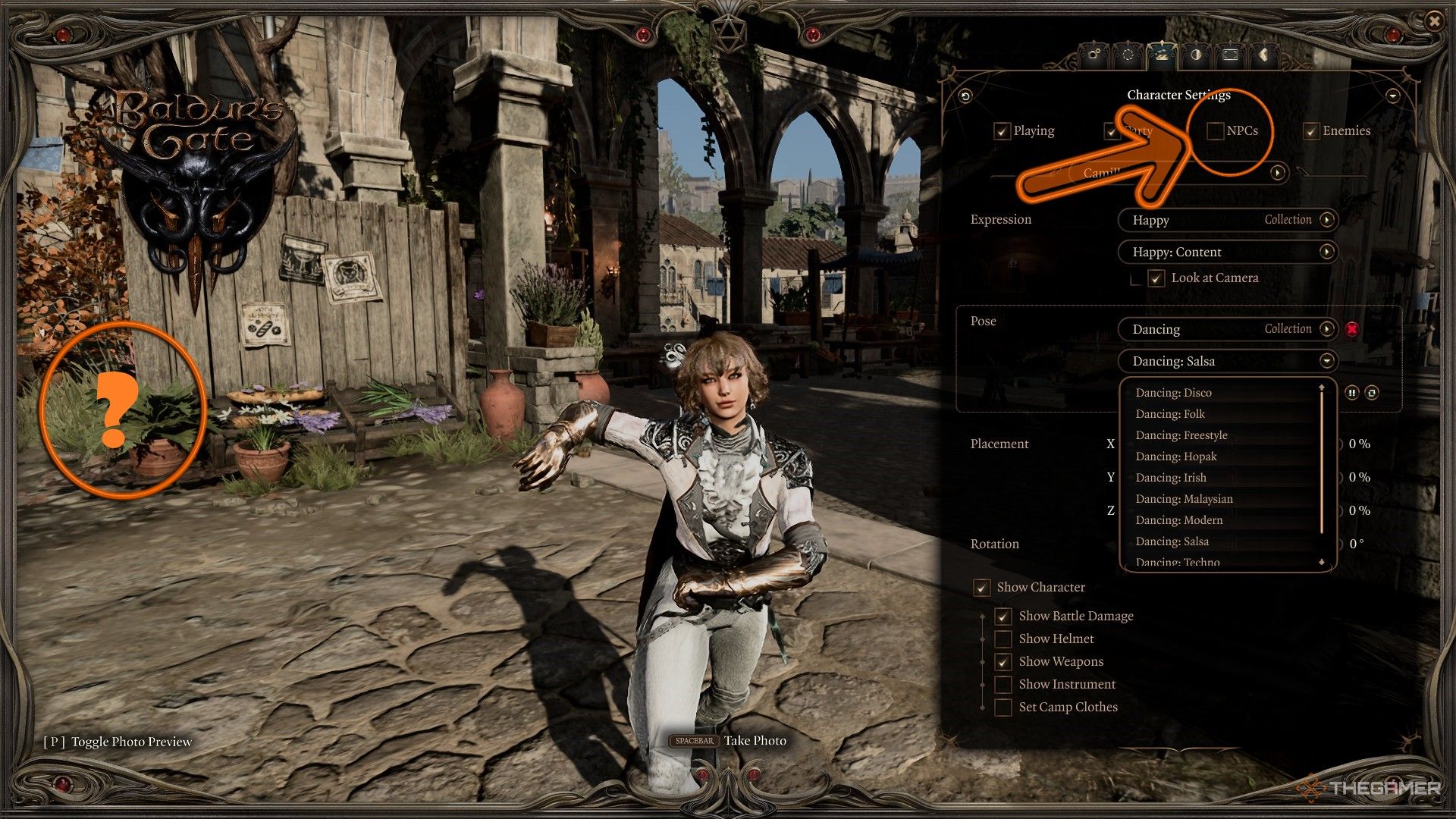 Withers is removed from a Photo Mode picture with the Character Settings in Baldur's Gate 3.