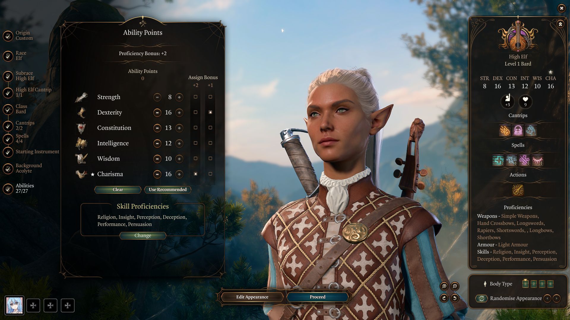 The ability points for a bard in Baldur's Gate 3.