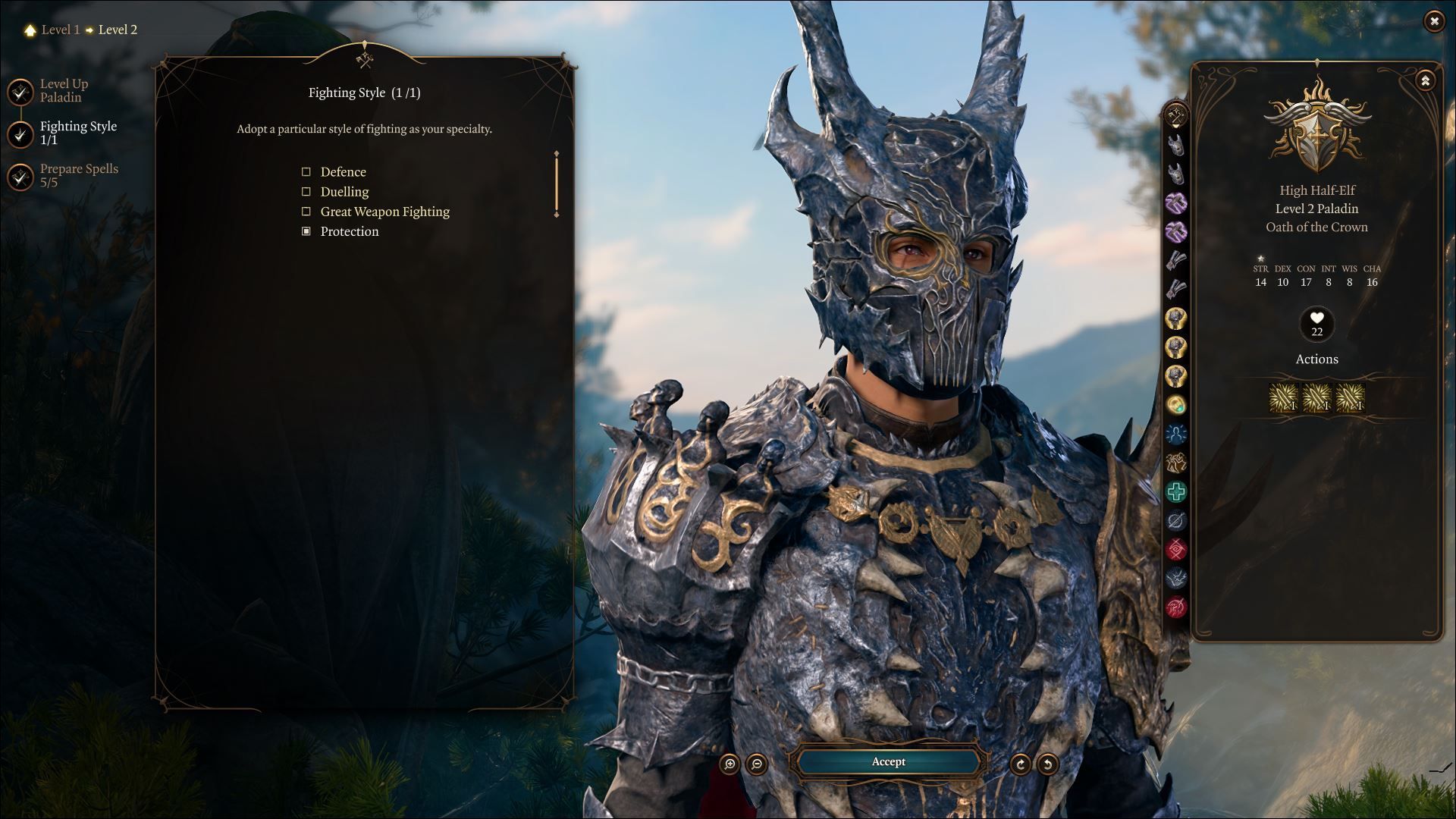 Selecting the fighting style of a paladin in Baldur's Gate 3.