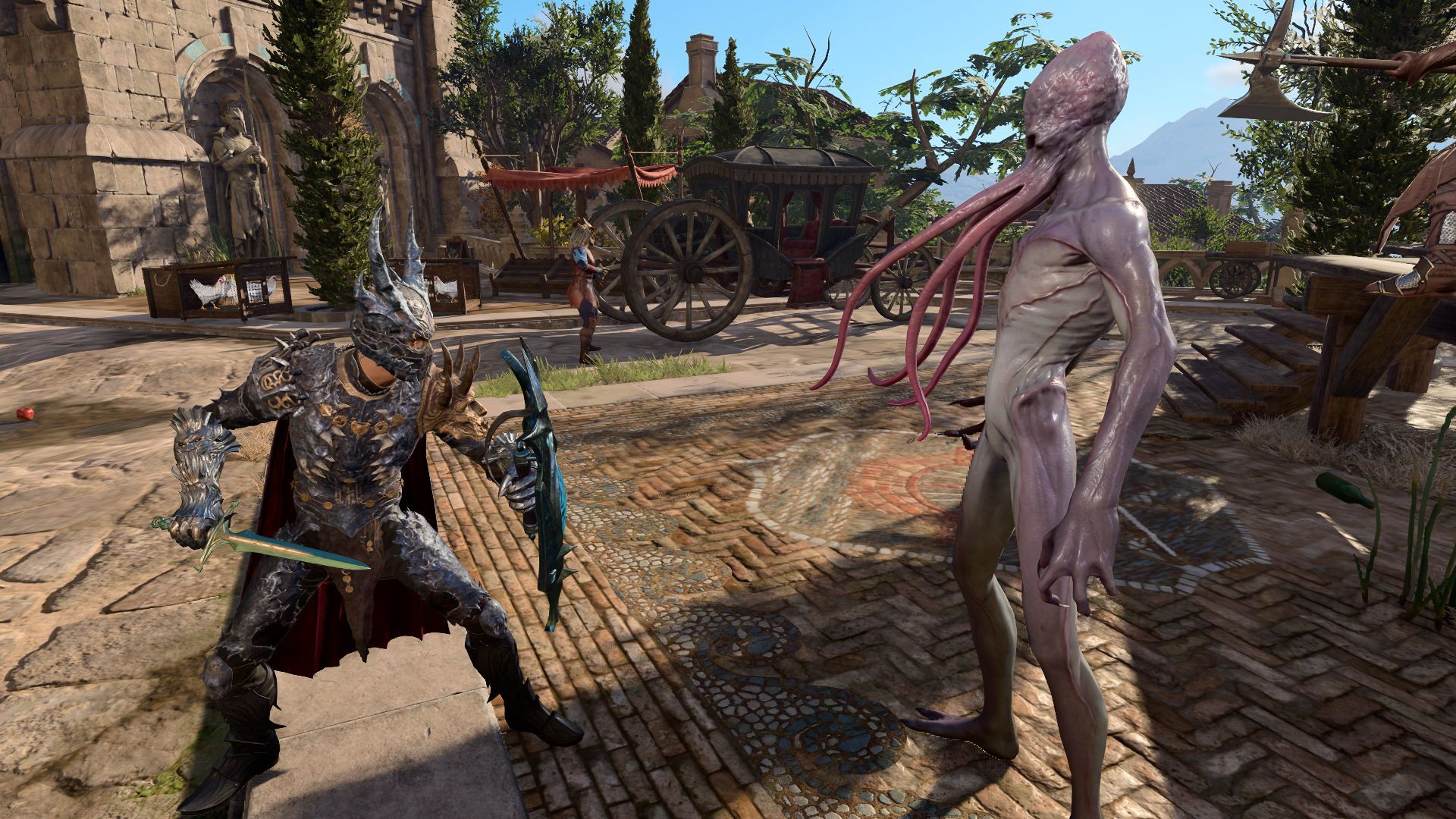 An oath of the crown paladin facing off with a mindflayer in Baldur's Gate 3.