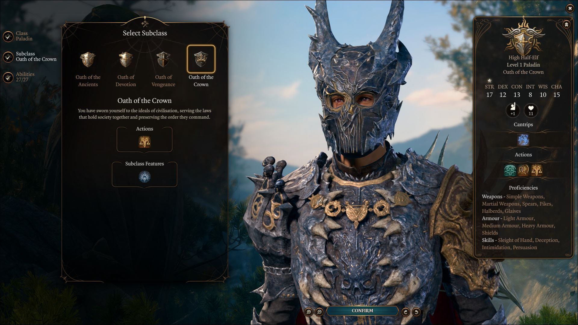 Selecting the Oath of the Crown subclass in Baldur's Gate 3.