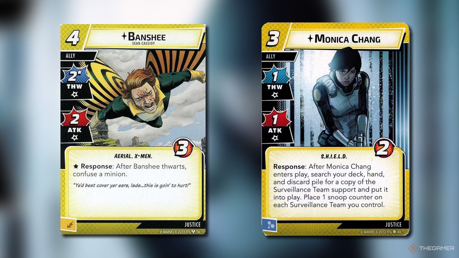 Banshee and Monica Chang cards from Marvel Champions.