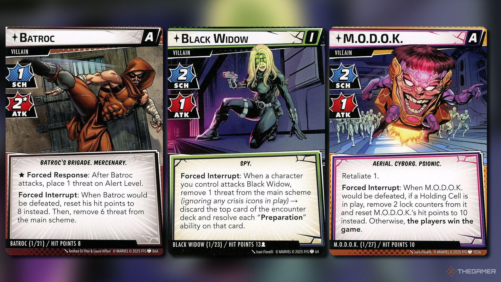 Batroc, Black Widow and MODOK villain cards from Agents of Shield expansion in Marvel Champions.