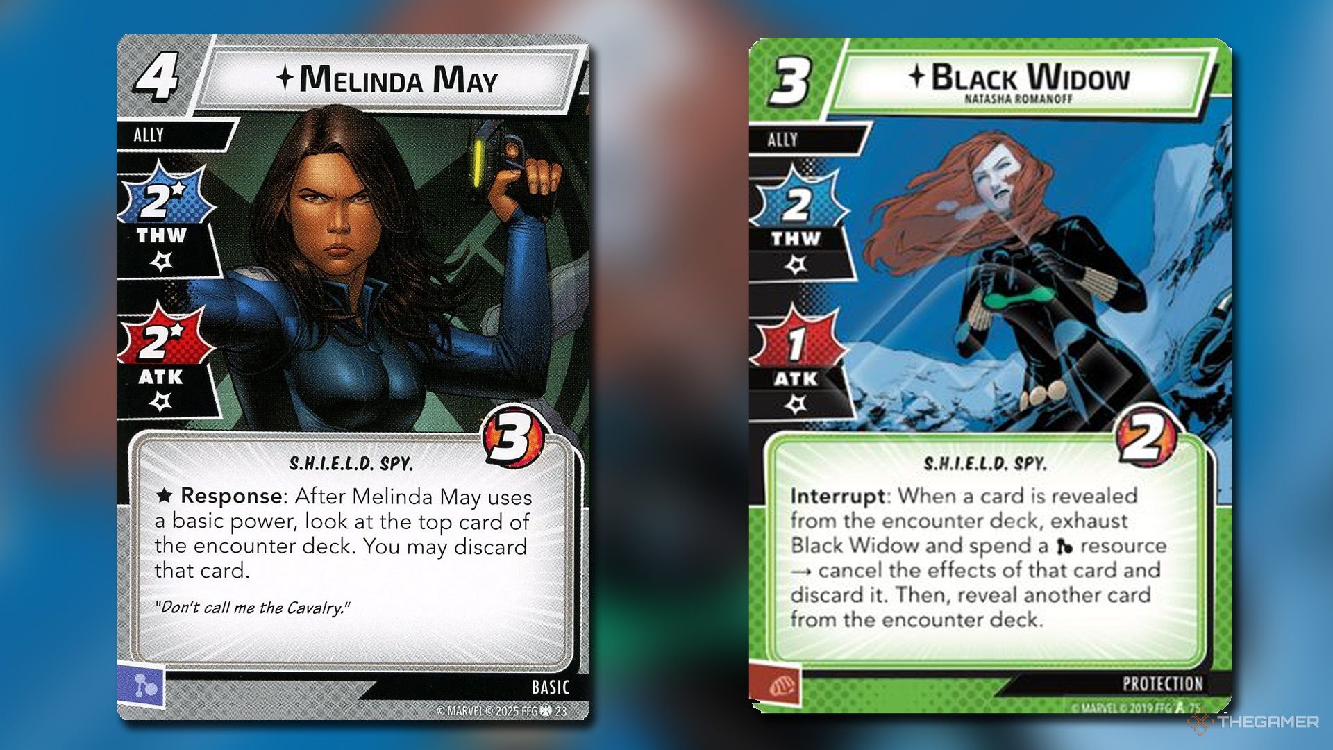 Black Widow and Melinda May cards from Marvel Champions.